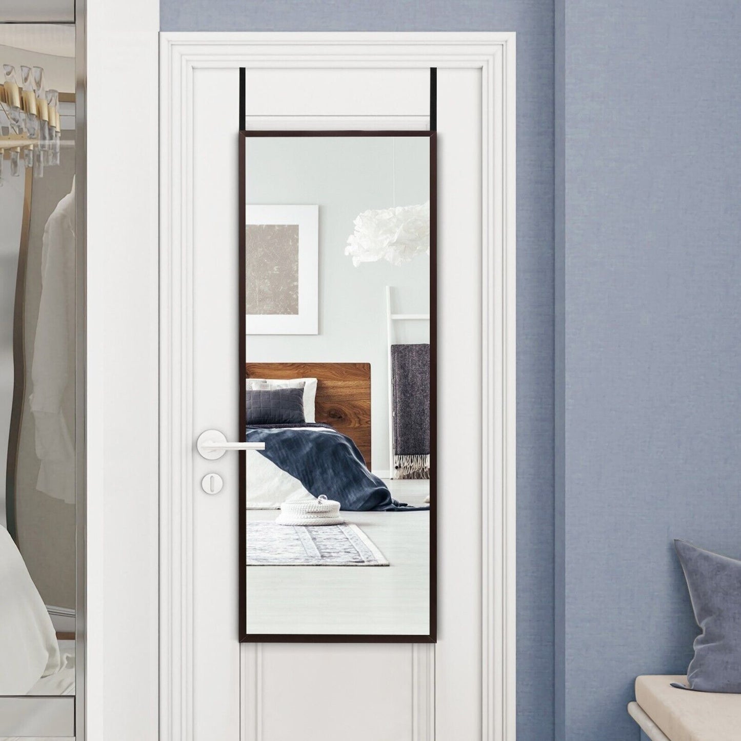 Full Length Wall-Mounted Mirror with Height Adjusting Hooks-White