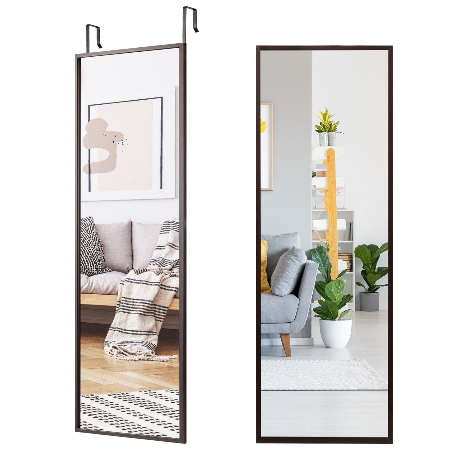 Full Length Wall-Mounted Mirror with Height Adjusting Hooks-White