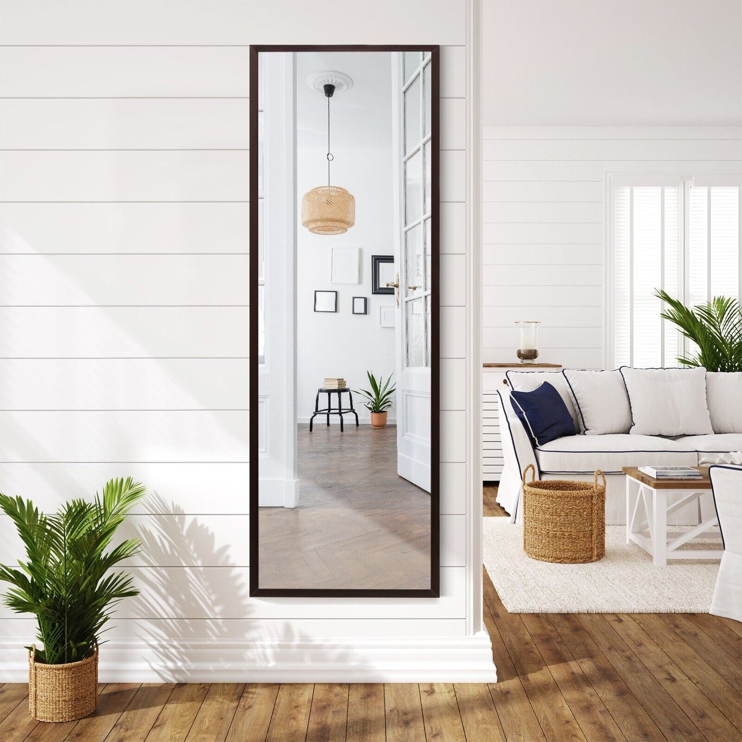 Full Length Wall-Mounted Mirror with Height Adjusting Hooks-White