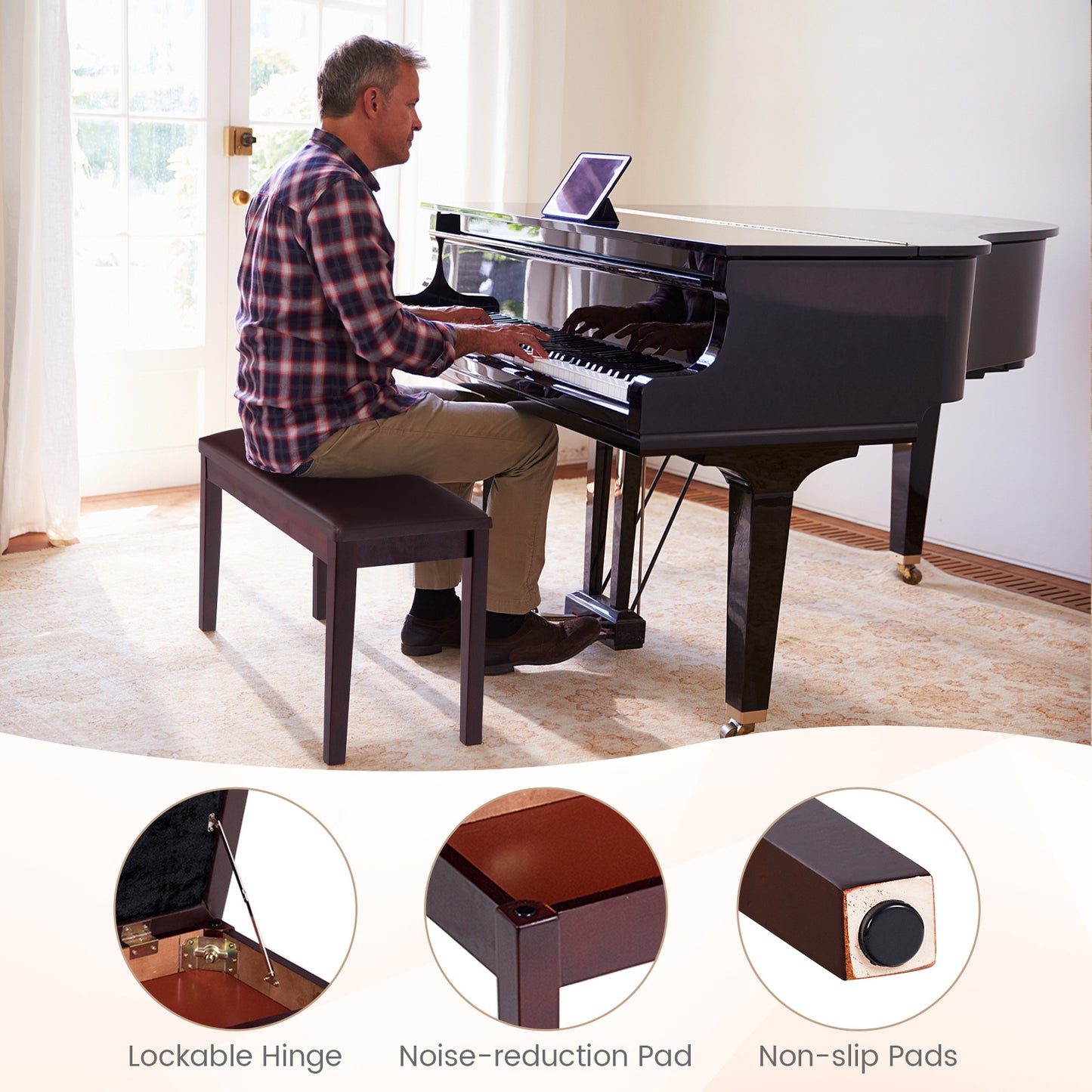 2-in-1 Padded Piano Bench with Storage Space-White
