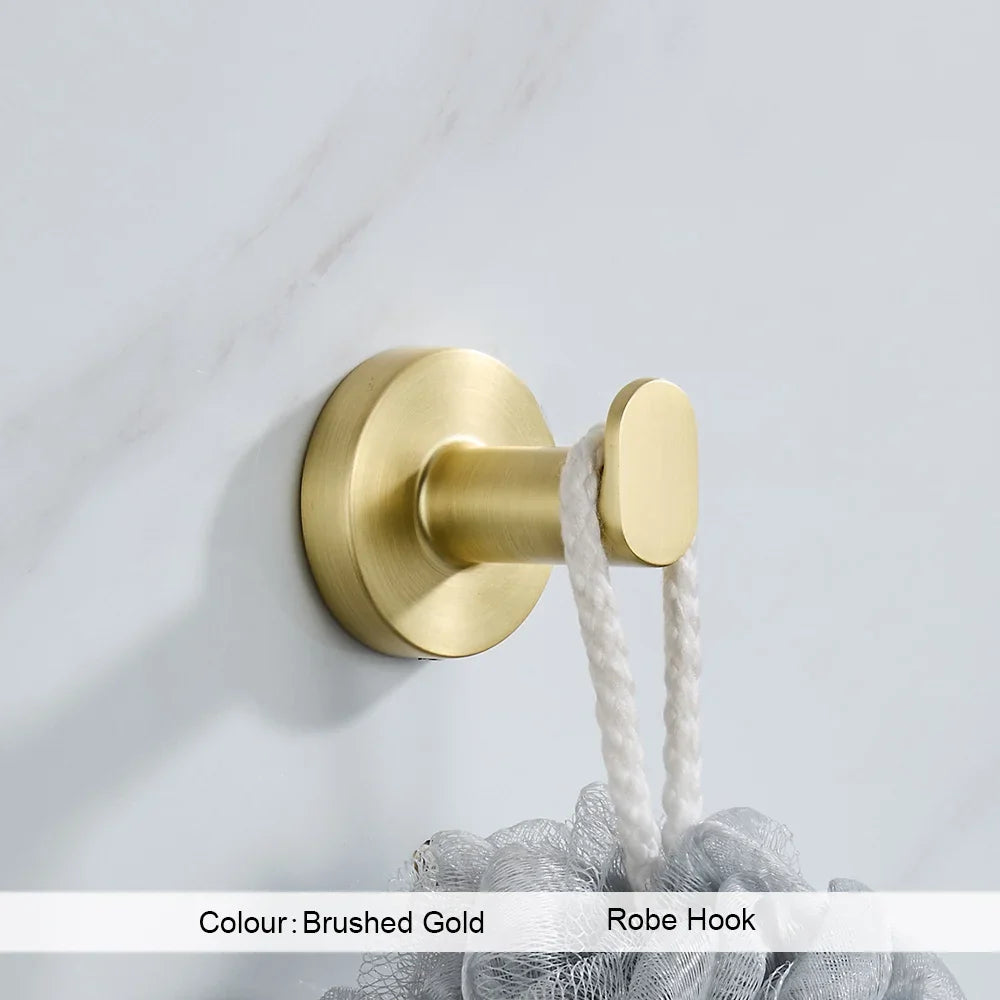Brushed Gold Wall Mount Toilet Accessories - Towel Bar, Roll Holder, Robe Hook
