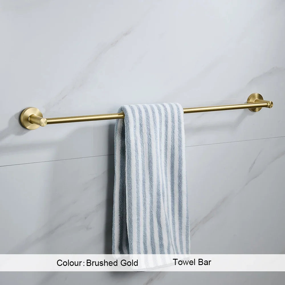 Brushed Gold Wall Mount Toilet Accessories - Towel Bar, Roll Holder, Robe Hook