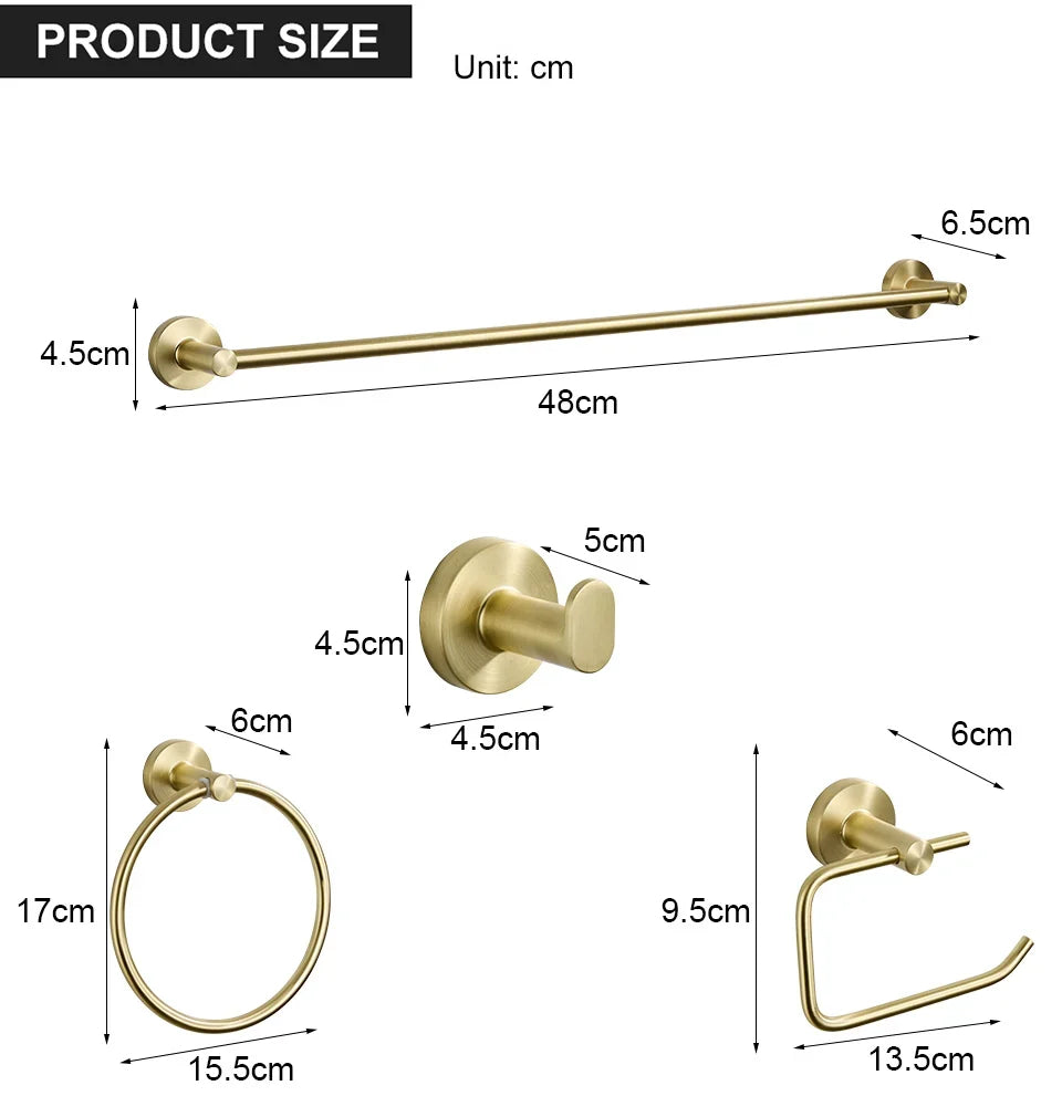 Brushed Gold Wall Mount Toilet Accessories - Towel Bar, Roll Holder, Robe Hook
