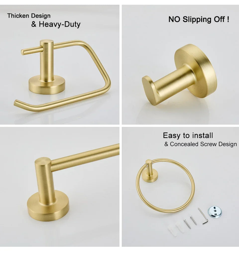 Brushed Gold Wall Mount Toilet Accessories - Towel Bar, Roll Holder, Robe Hook