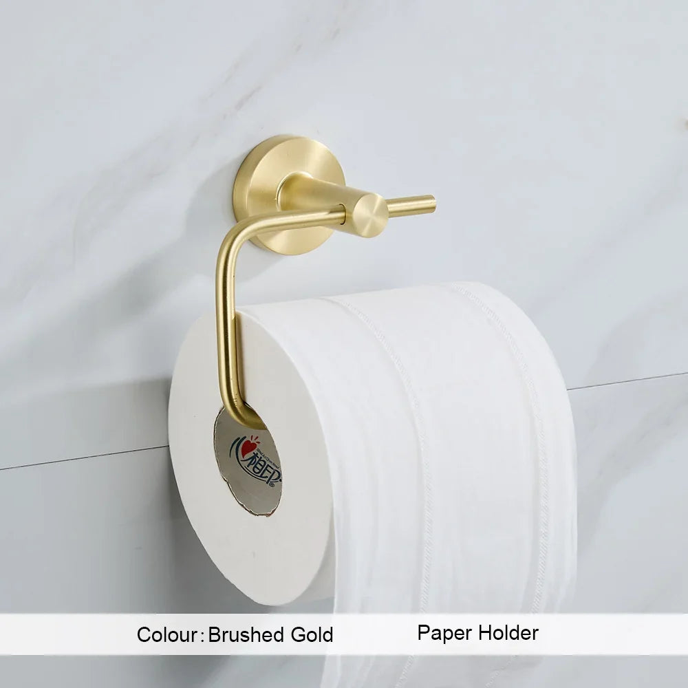 Brushed Gold Wall Mount Toilet Accessories - Towel Bar, Roll Holder, Robe Hook