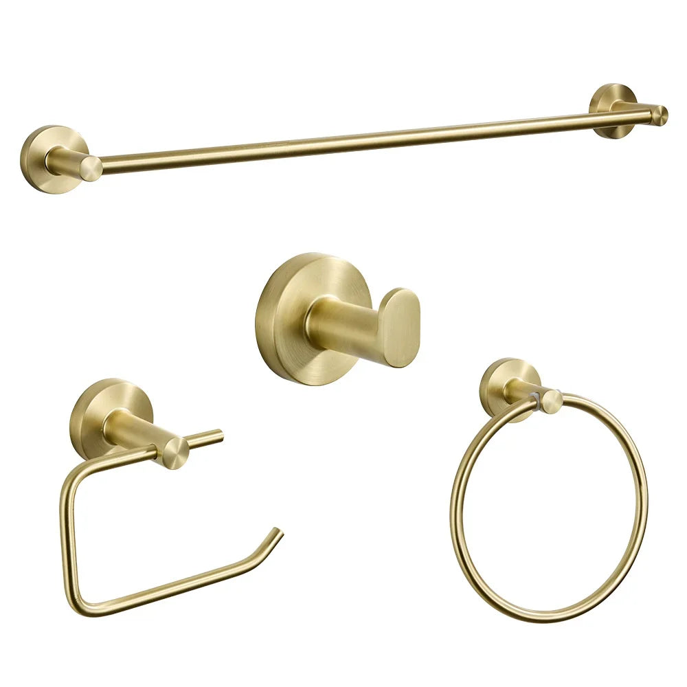 Brushed Gold Wall Mount Toilet Accessories - Towel Bar, Roll Holder, Robe Hook