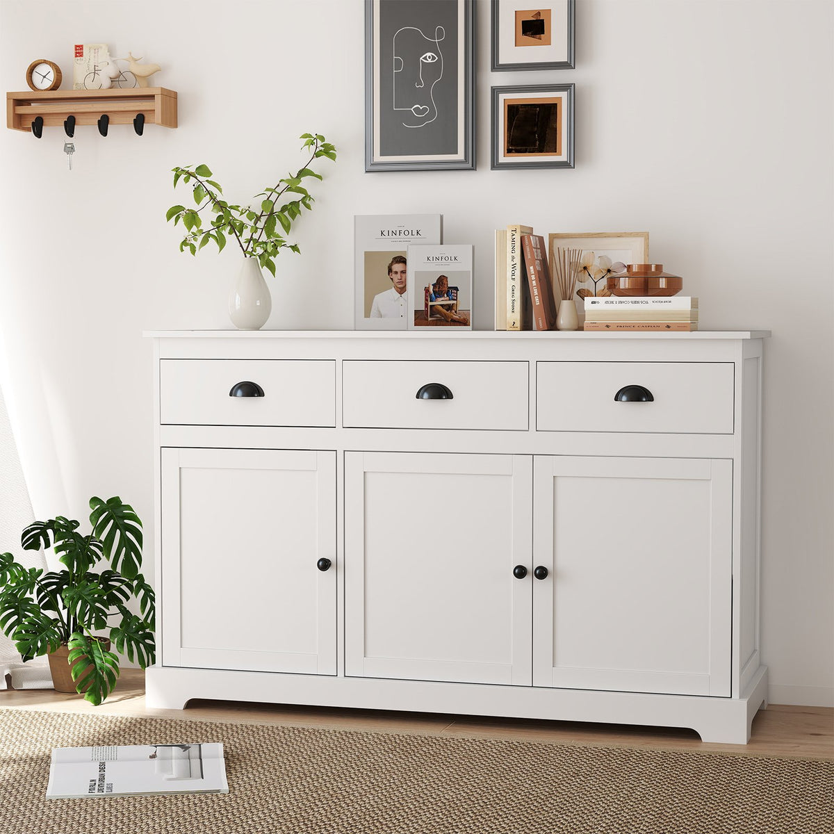 Modern Buffet Sideboard 136cm Storage Cabinet with 3 Drawers-Grey