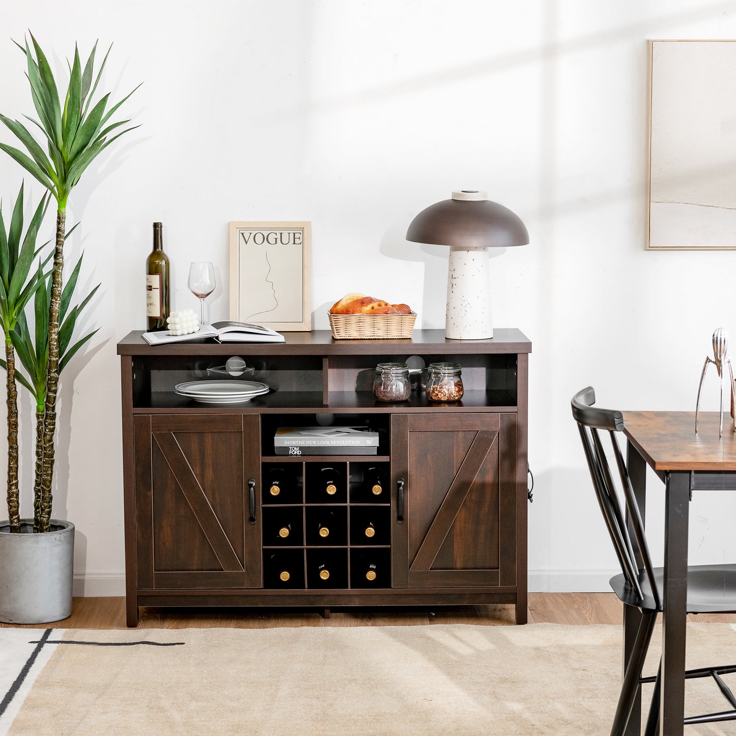 Buffet Storage Cabinet with Detachable 9-Bottle Wine Rack and 2 Door Cabinets-Dark Brown