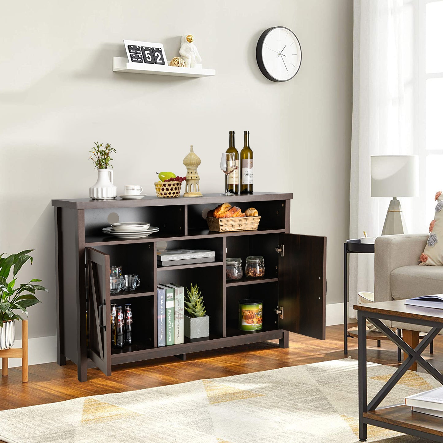 Buffet Storage Cabinet with Detachable 9-Bottle Wine Rack and 2 Door Cabinets-Dark Brown