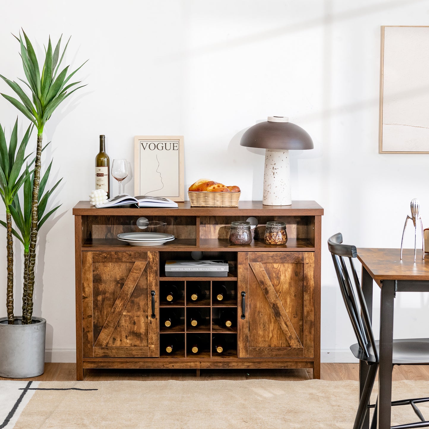 Buffet Storage Cabinet with Detachable 9-Bottle Wine Rack and 2 Door Cabinets-Dark Brown