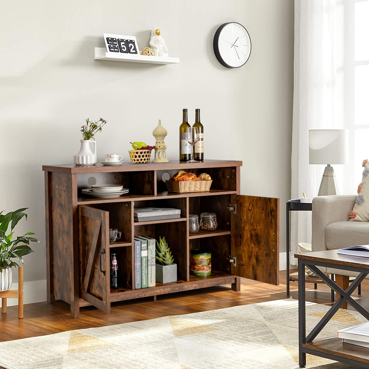 Buffet Storage Cabinet with Detachable 9-Bottle Wine Rack and 2 Door Cabinets-Dark Brown