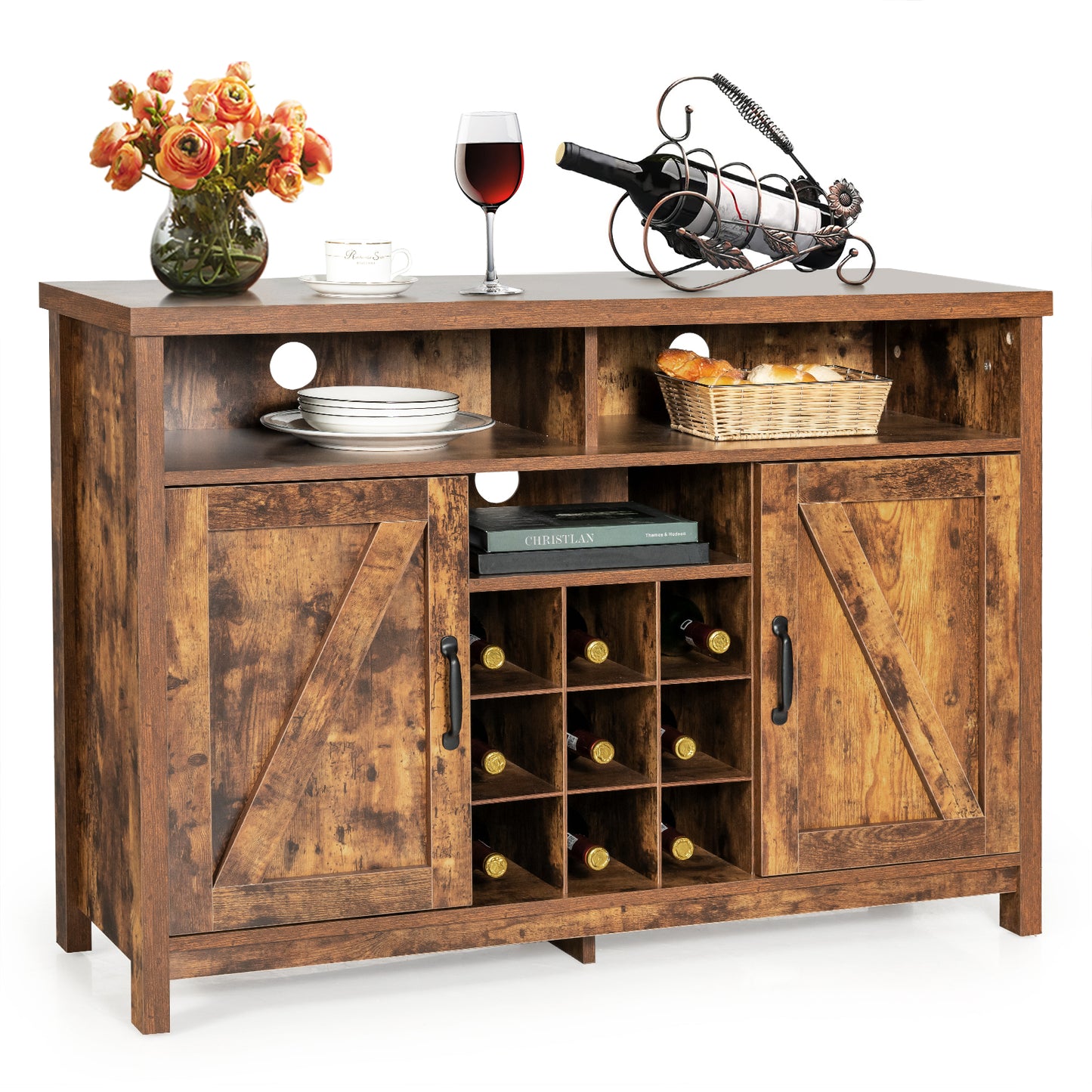 Buffet Storage Cabinet with Detachable 9-Bottle Wine Rack and 2 Door Cabinets-Dark Brown