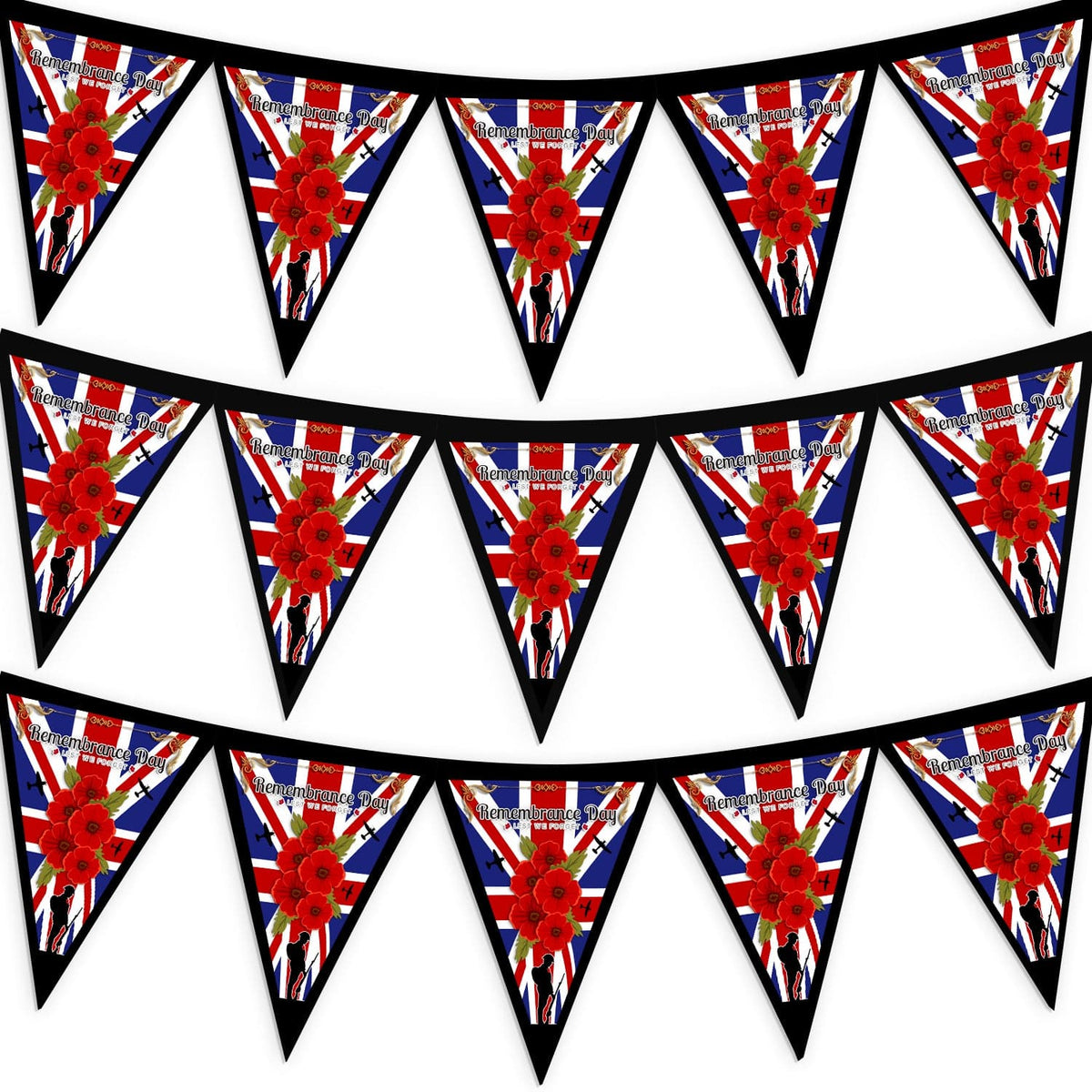 Remembrance Day - Gold Flag Edge - 3m Fabric Bunting With 15 Individual Triangles