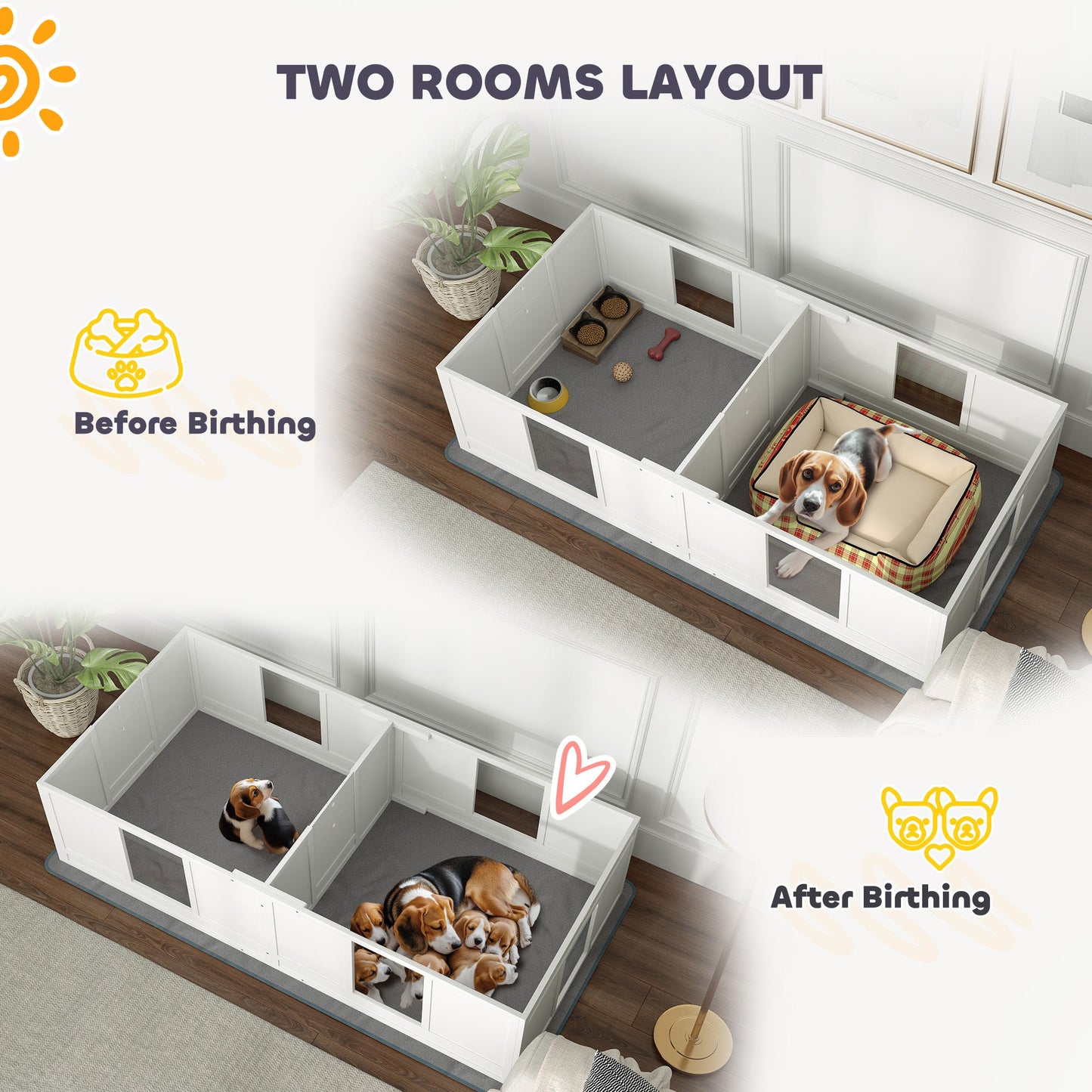 PawHut Whelping Box for Dogs with Whelping Pad, Two Room Design