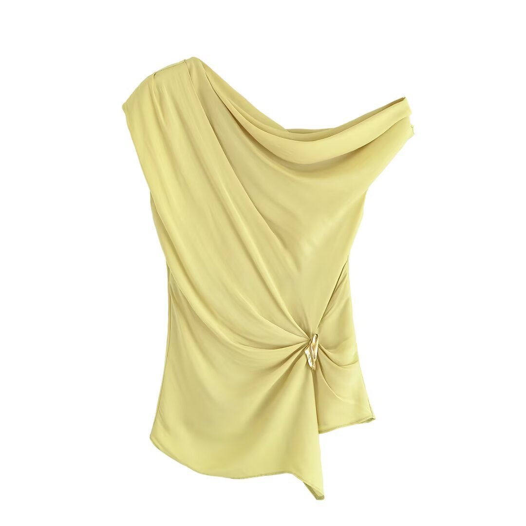 Asymmetric sleeveless pleated T-shirt top