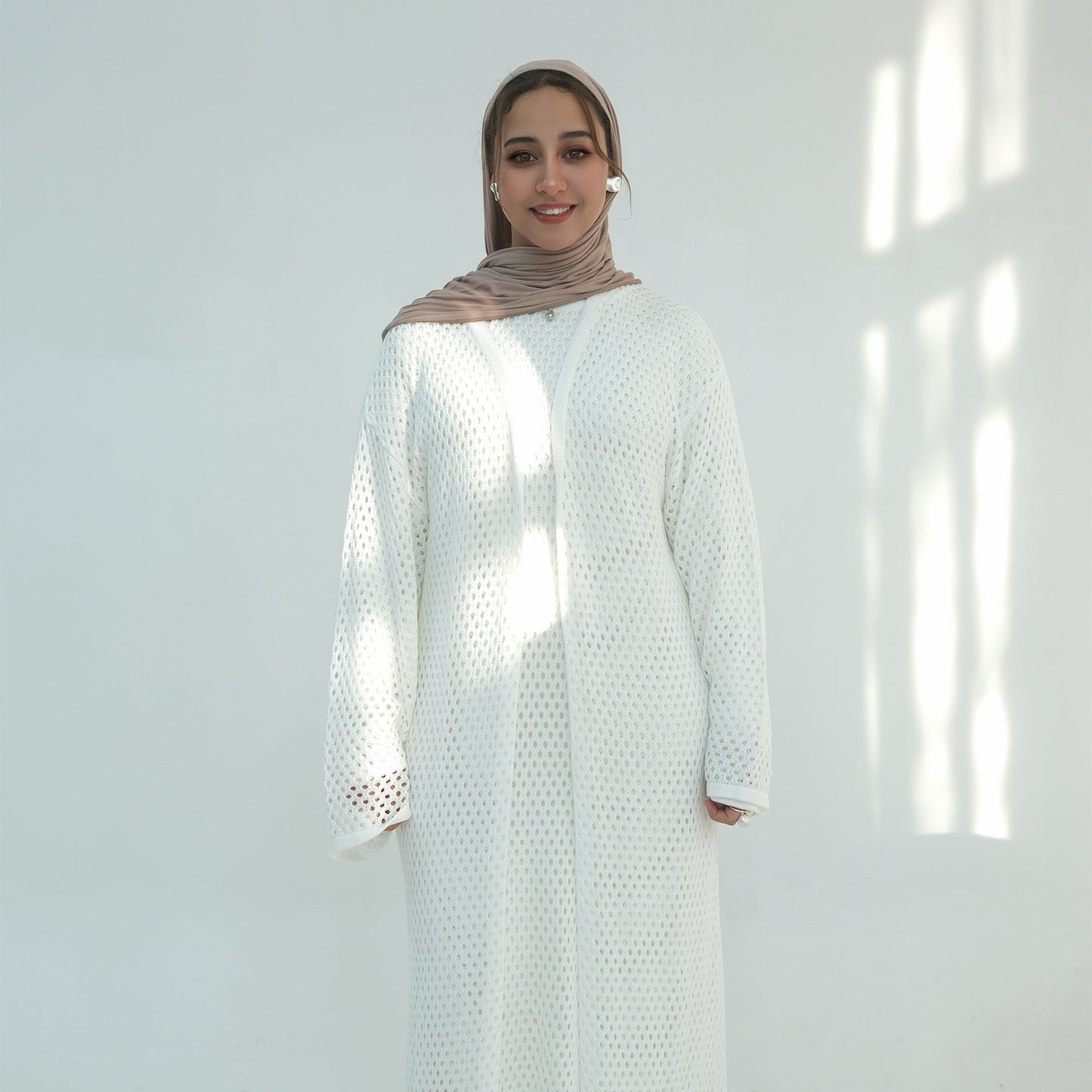 Elegant Hollow-Out Knit Dress - Modest A-Line Long Sleeve