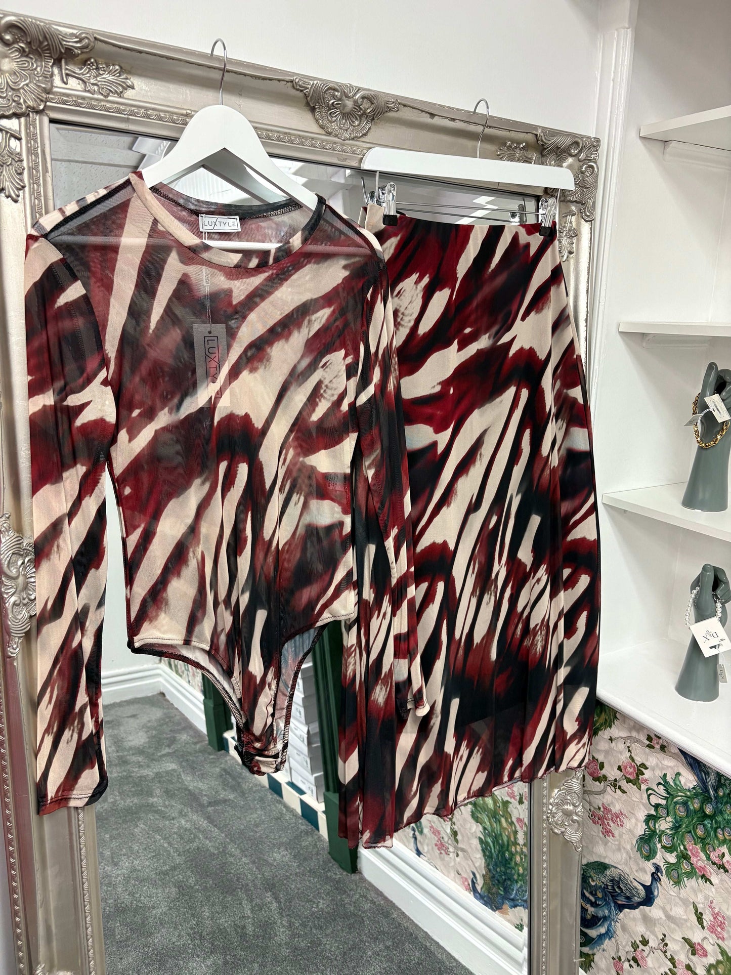 Luxtyle Mesh Print Bodysuit – Berry, Black & Forest (M/L fits UK 10/12)