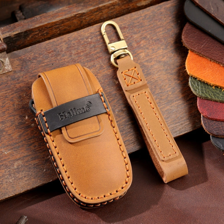 For Nissan Teana / Ariya 3-button Horn Hallmo Car Cowhide Leather Key Protective Cover Key Case(Brown)