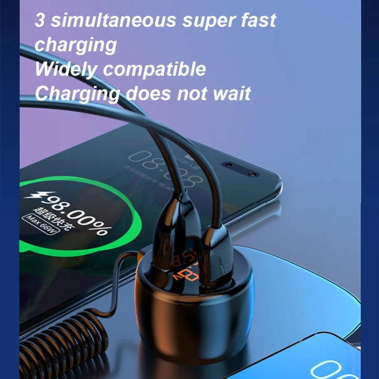 Ozio HX08 231W Type-C + USB Dual Port Car Charger with 3 in 1 Spring Data Cable