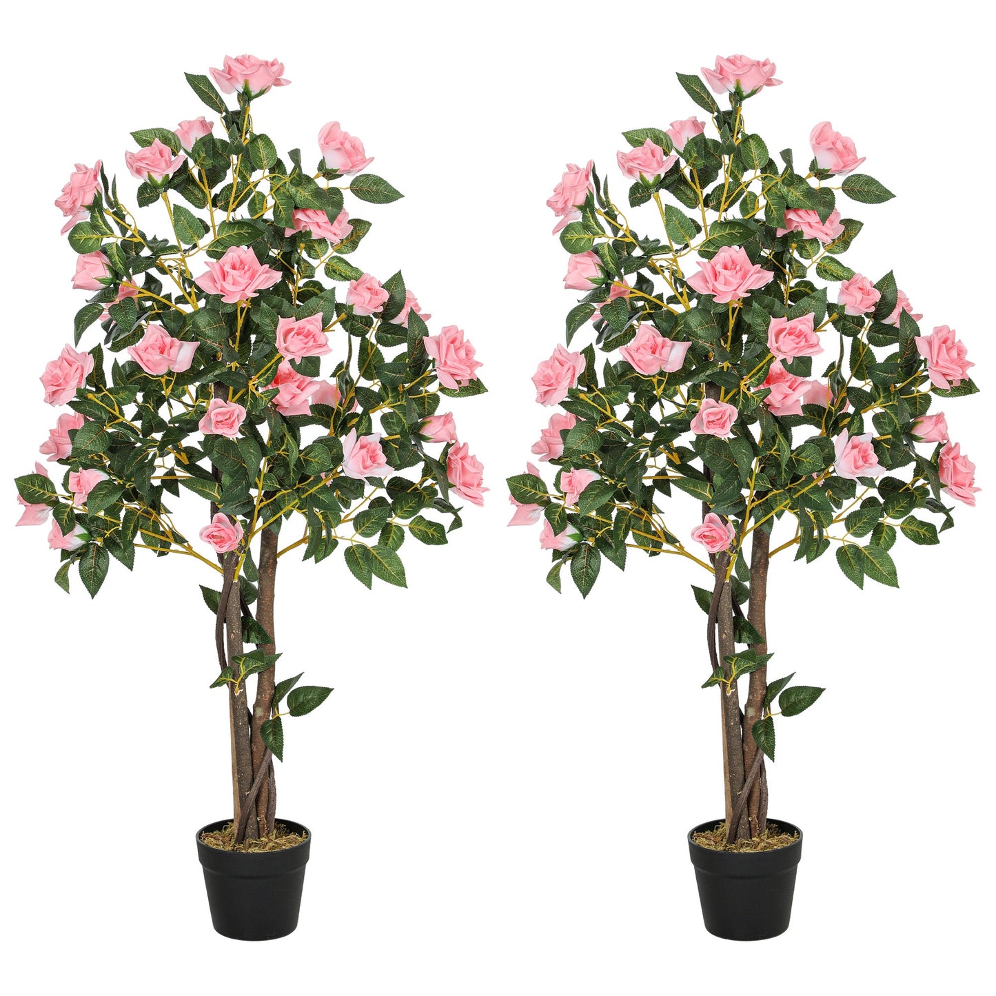 HOMCOM Set of 2 Decorative Artificial Plants Rose Trees in Pot, Pink