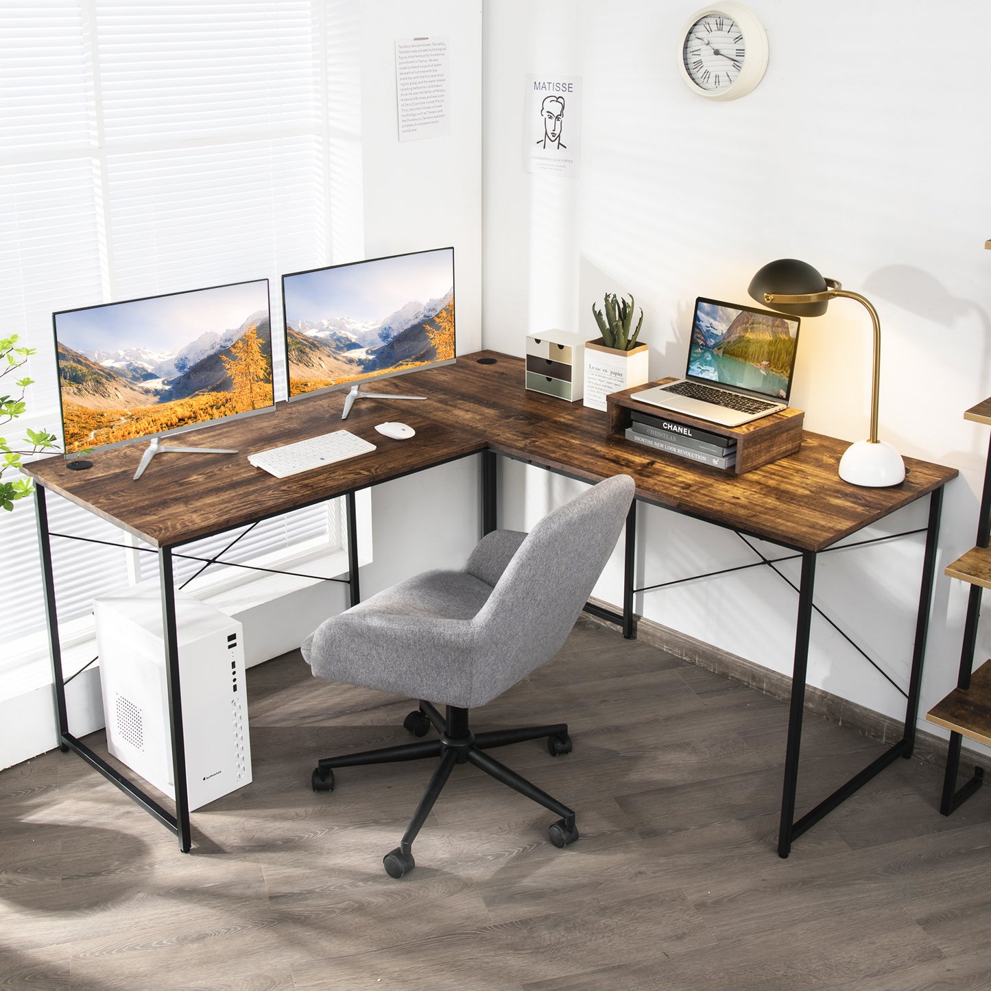 Reversible Corner Study Workstation and Writing Desk with Monitor Stand-Black