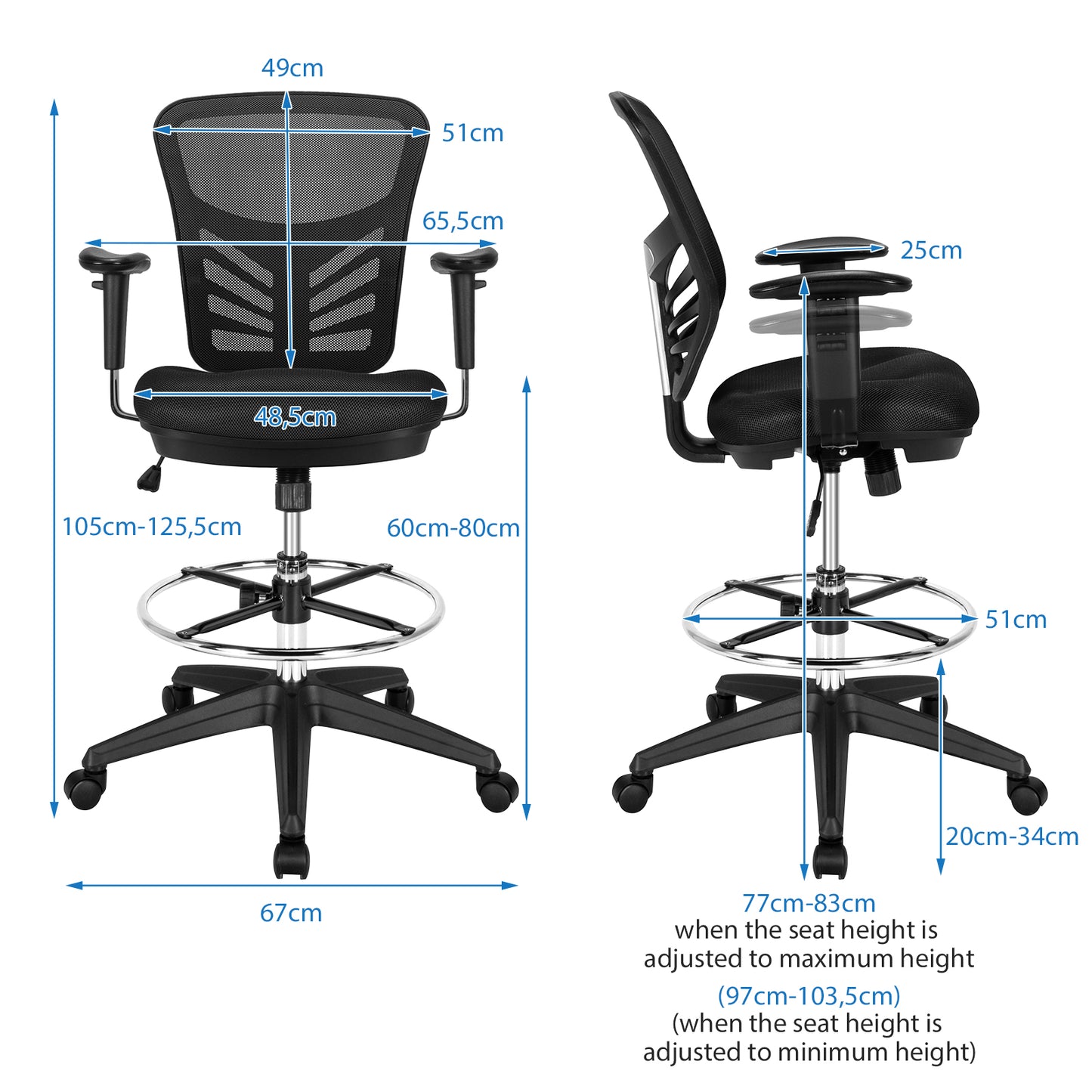 Mesh Drafting Chair with Adjustable Footrest-Black