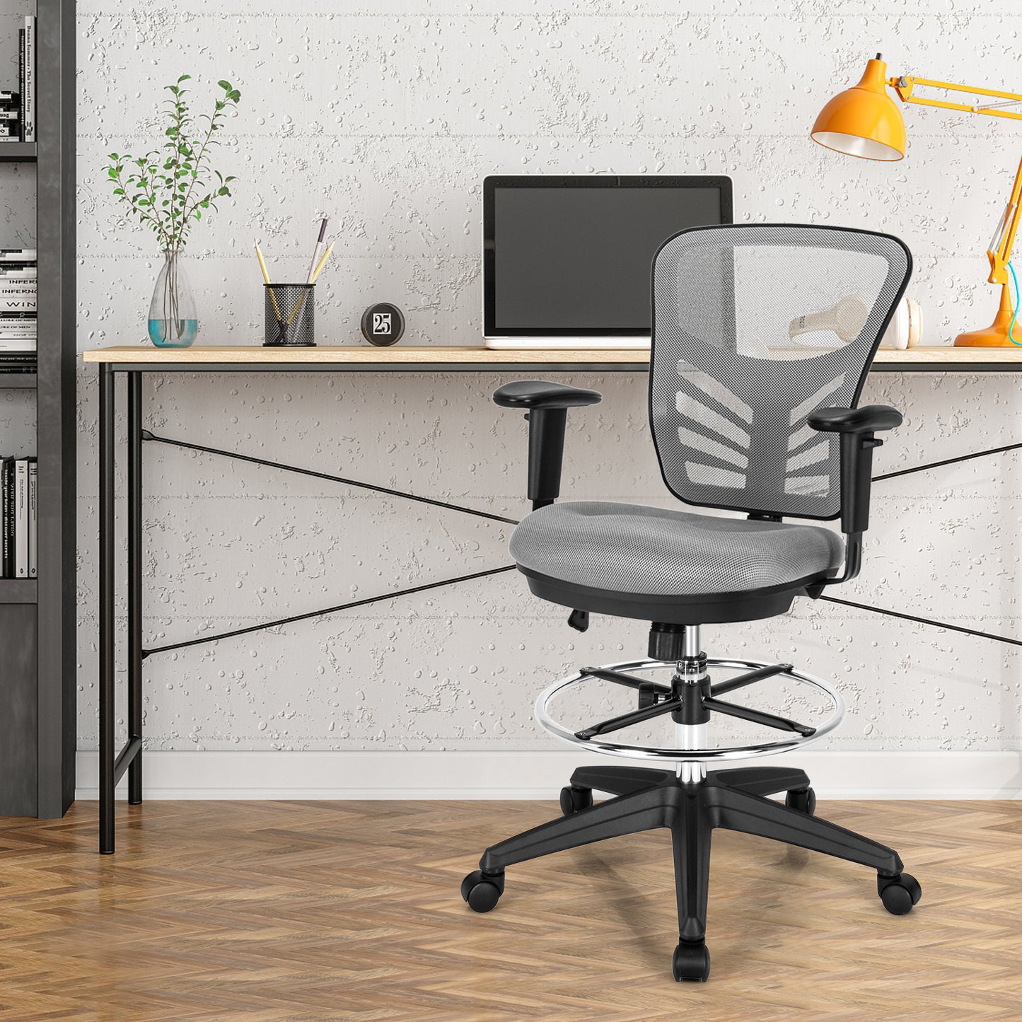 Mesh Drafting Chair with Adjustable Footrest-Black