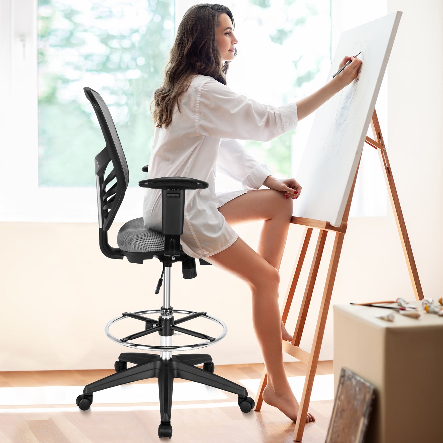 Mesh Drafting Chair with Adjustable Footrest-Black