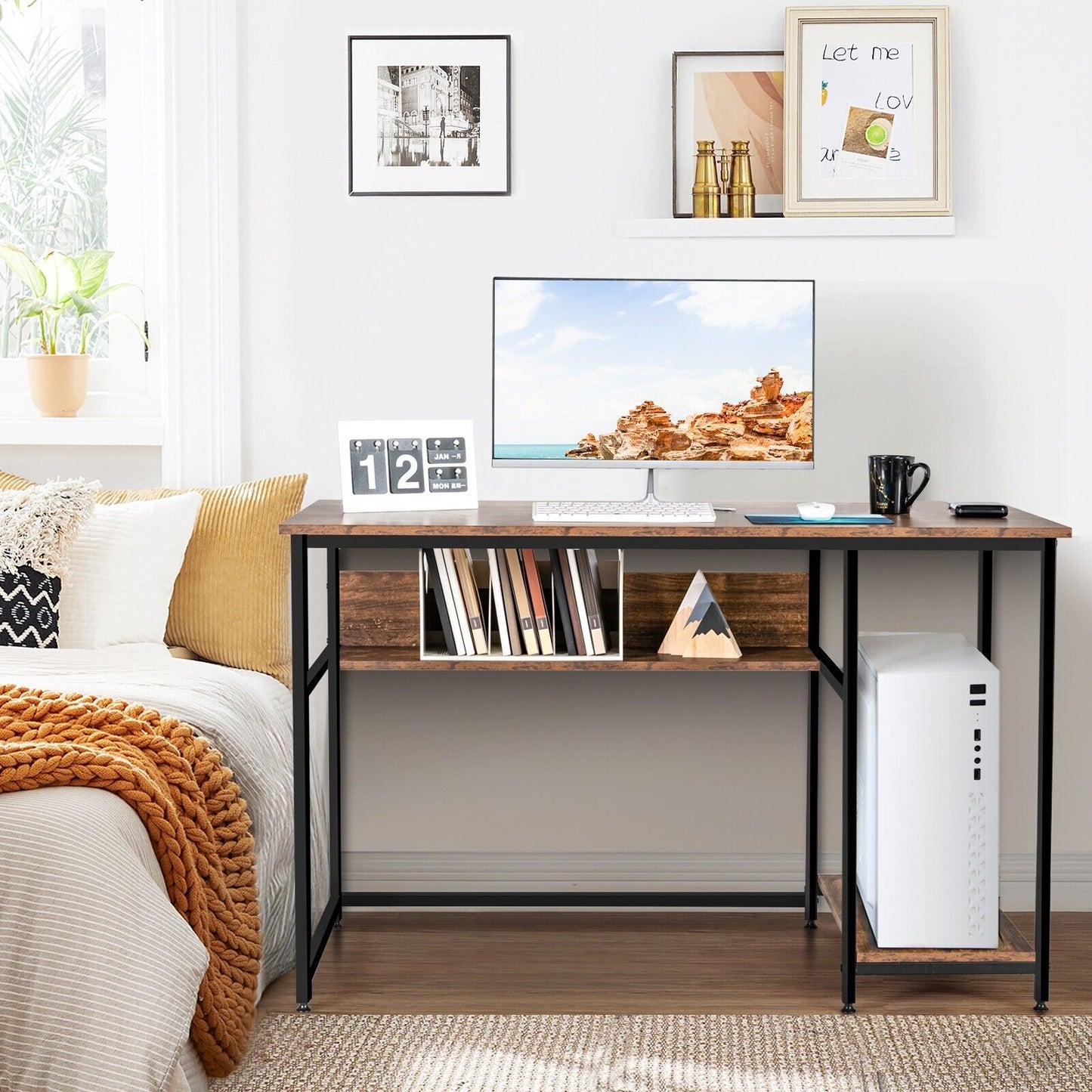 Industrial Computer Desk with Storage Shelf and CPU Stand-Black