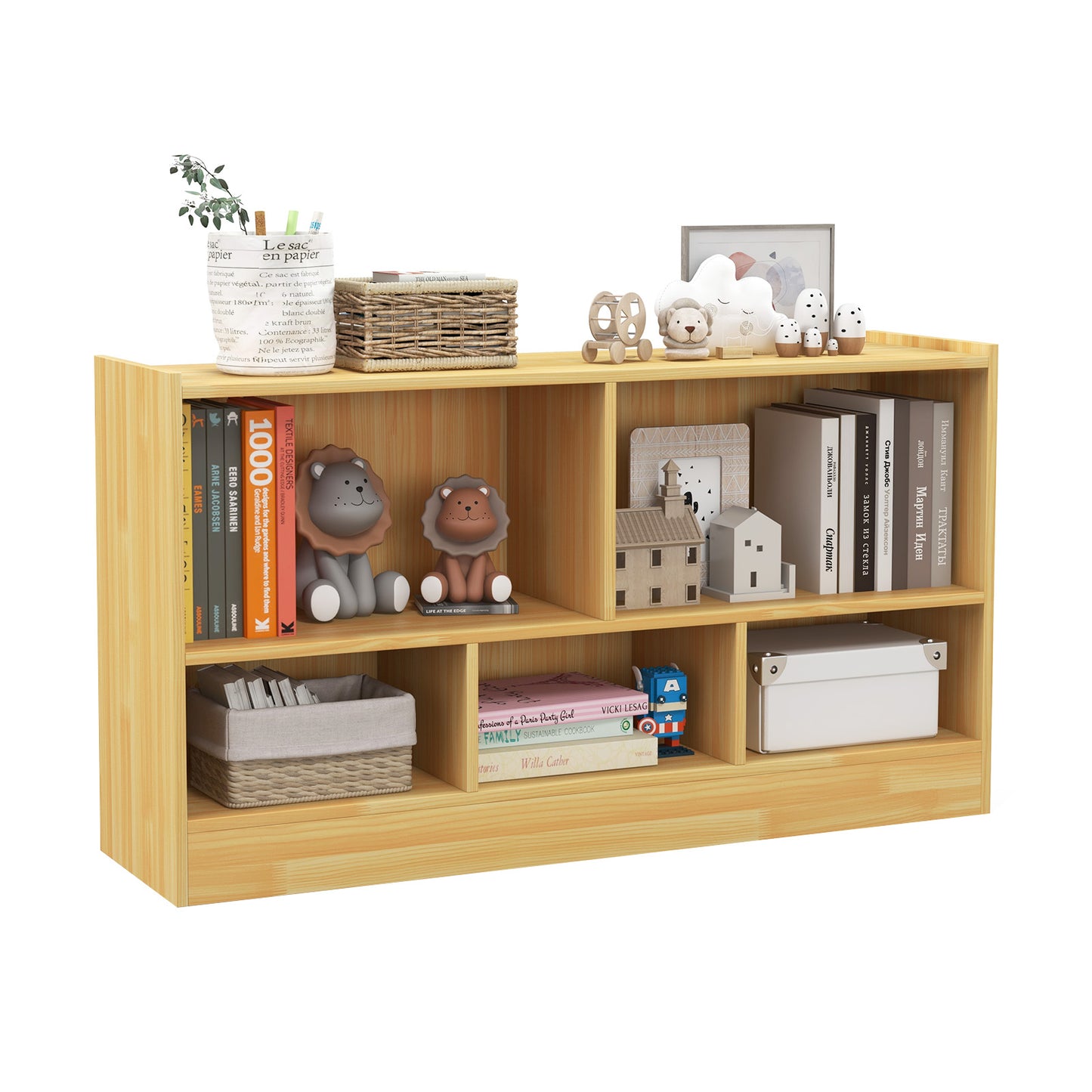 2-Tier Wooden Kids Bookcase with 5 Compartments for Playroom Study-Grey