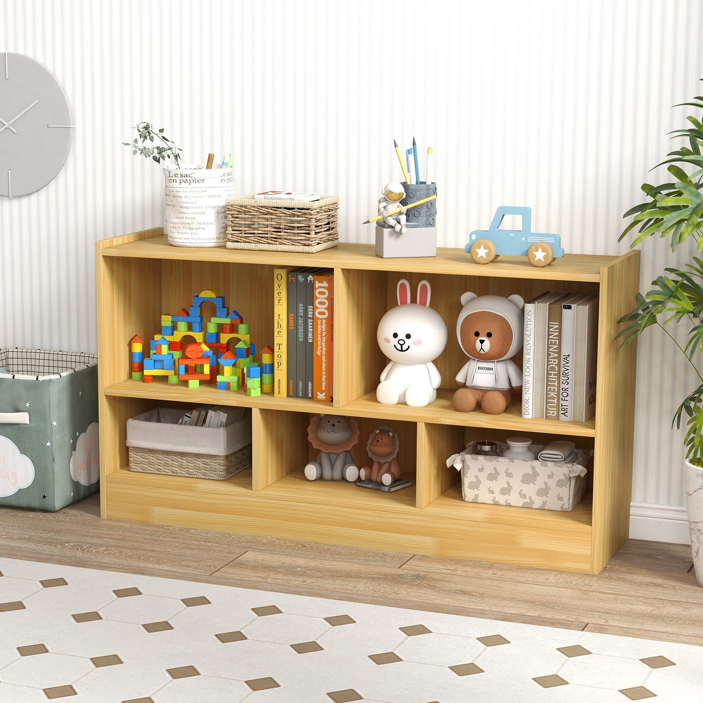 2-Tier Wooden Kids Bookcase with 5 Compartments for Playroom Study-Grey