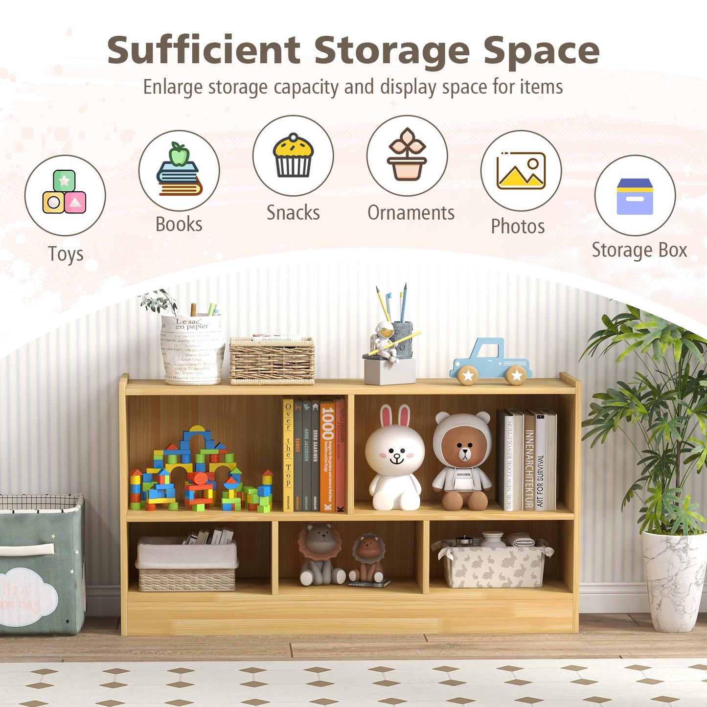 2-Tier Wooden Kids Bookcase with 5 Compartments for Playroom Study-Grey