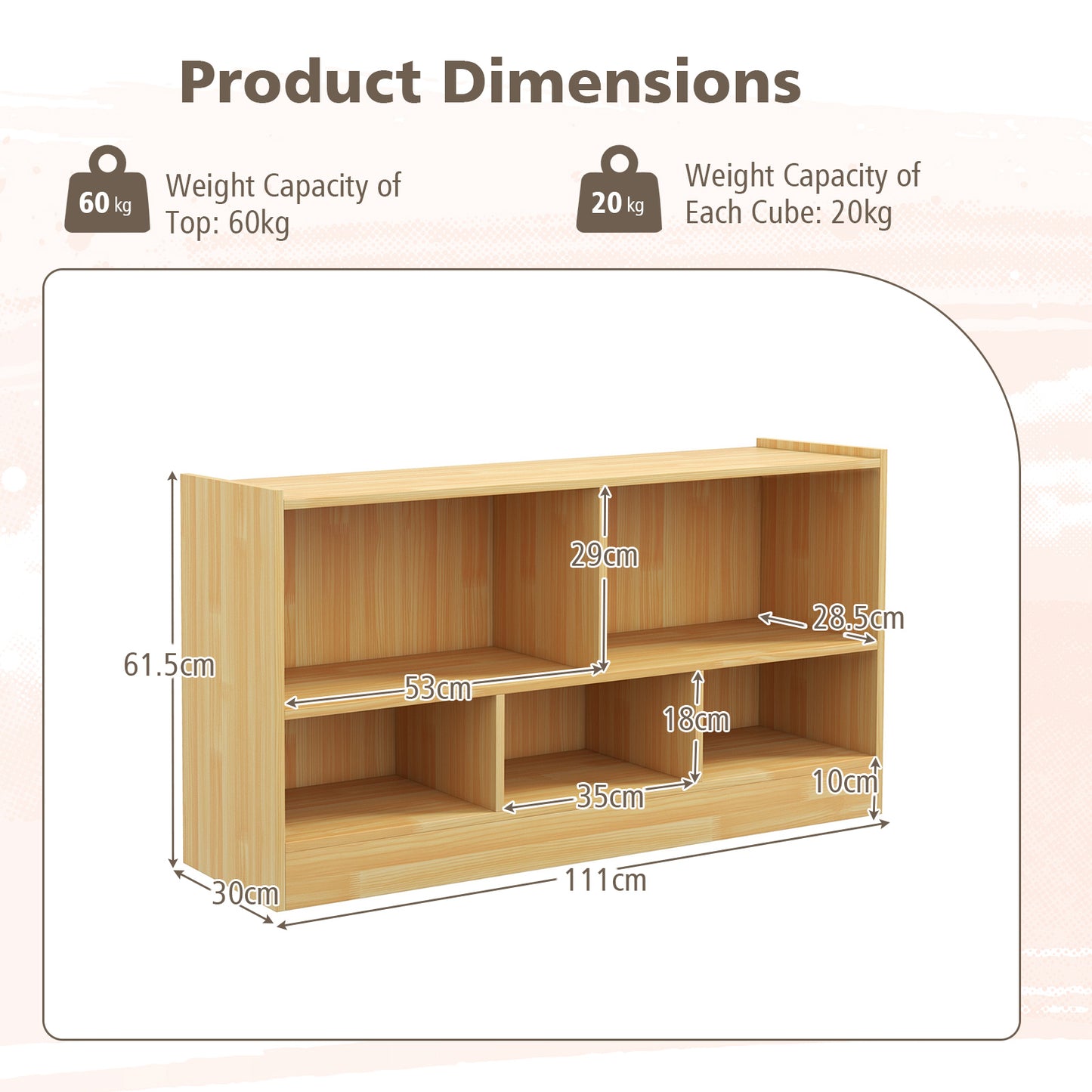 2-Tier Wooden Kids Bookcase with 5 Compartments for Playroom Study-Grey