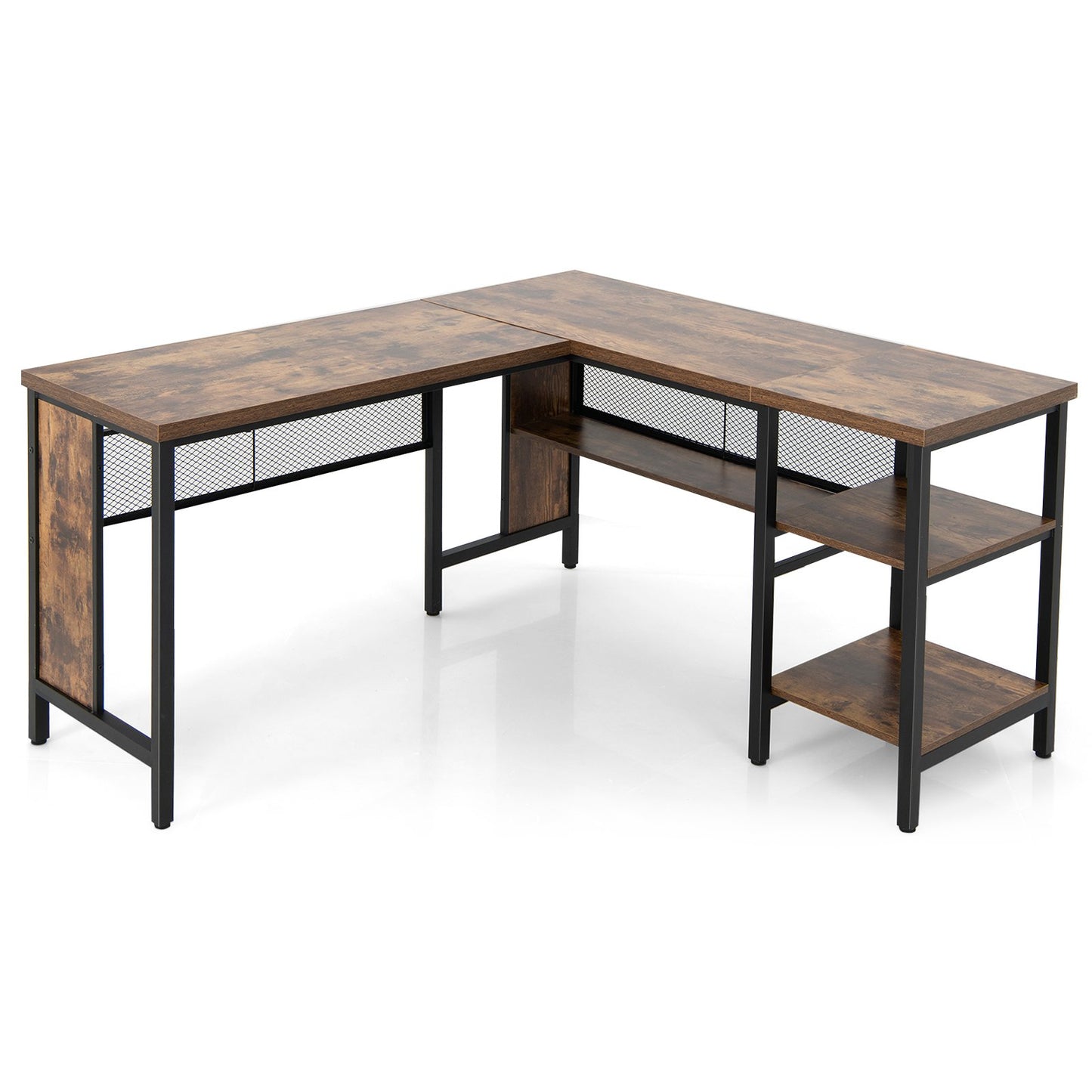 150 x 140 x 75cm Large Corner L-Shaped Computer Desk with 3 Storage Shelves-Oak