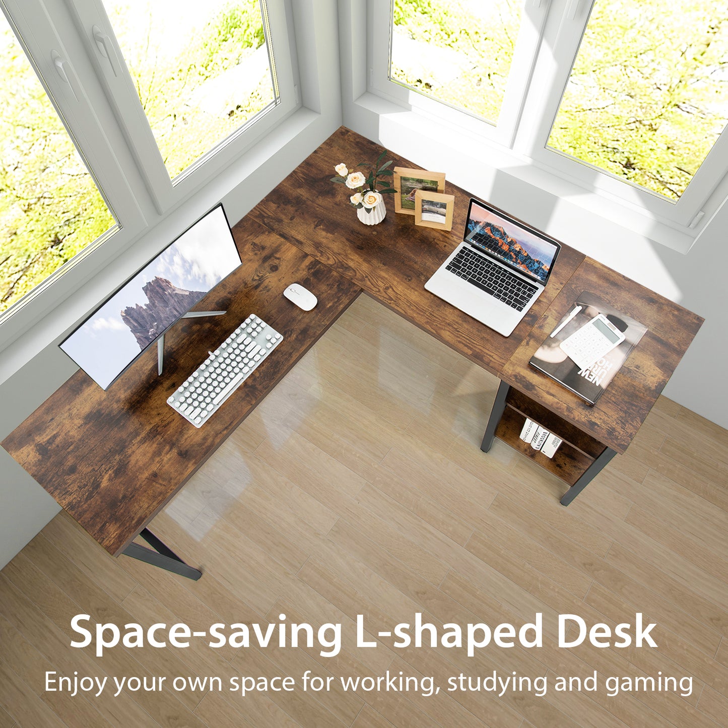 150 x 140 x 75cm Large Corner L-Shaped Computer Desk with 3 Storage Shelves-Oak