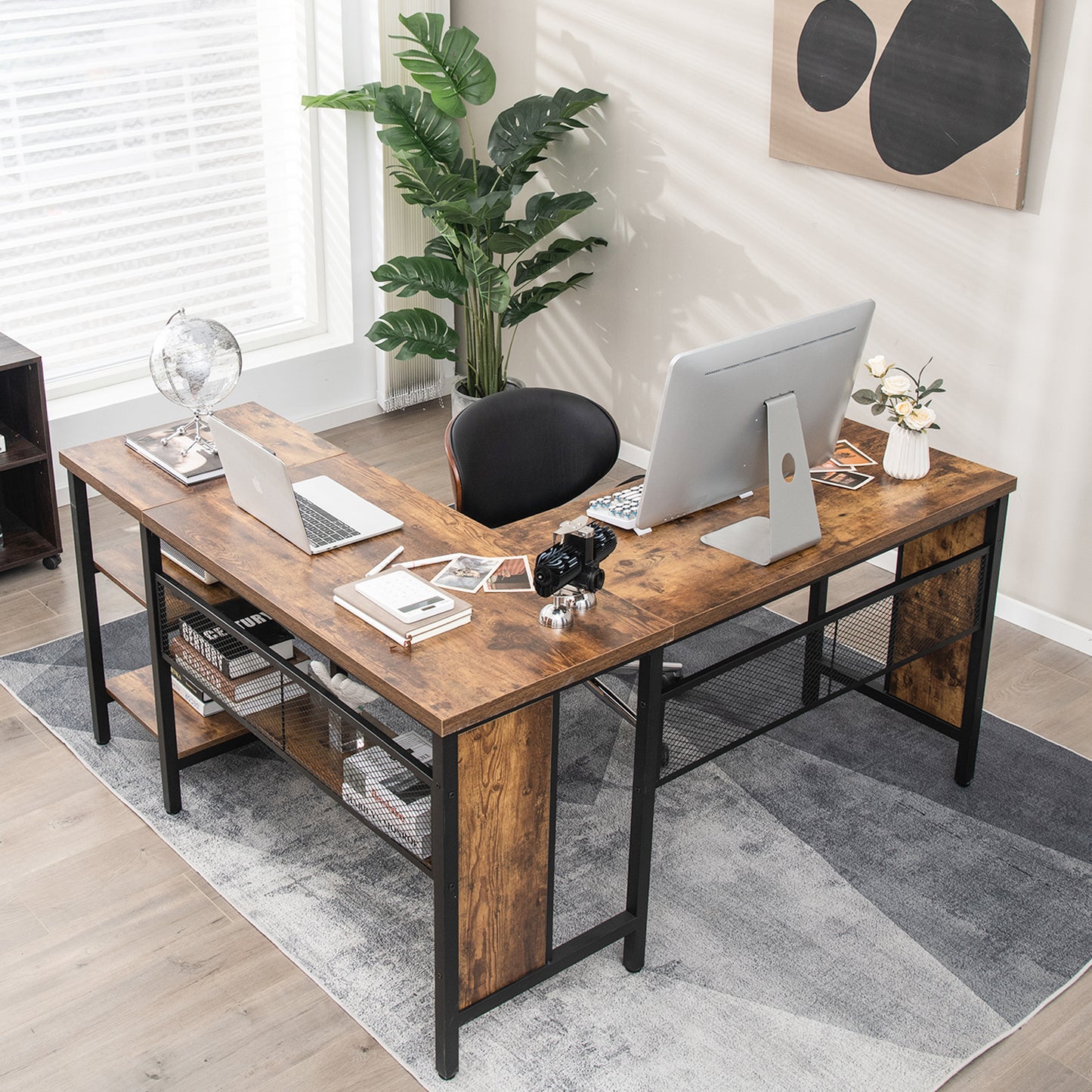 150 x 140 x 75cm Large Corner L-Shaped Computer Desk with 3 Storage Shelves-Oak