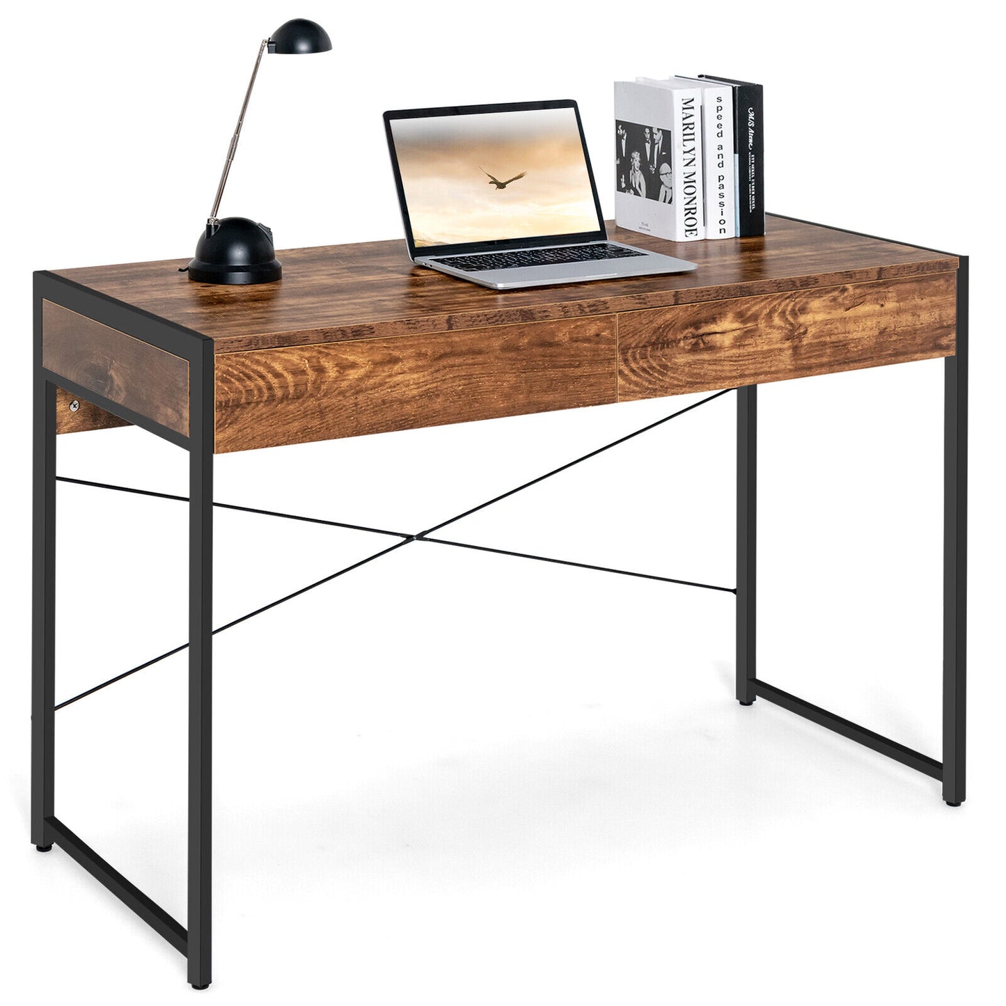 112 x 48 x 76cm Wooden Study Computer Desk with 2 Drawers-Black