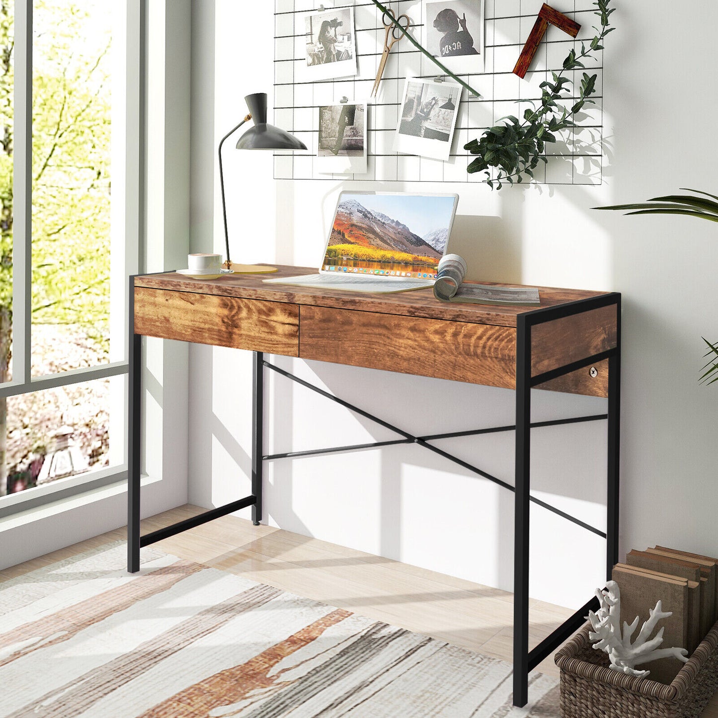 112 x 48 x 76cm Wooden Study Computer Desk with 2 Drawers-Black