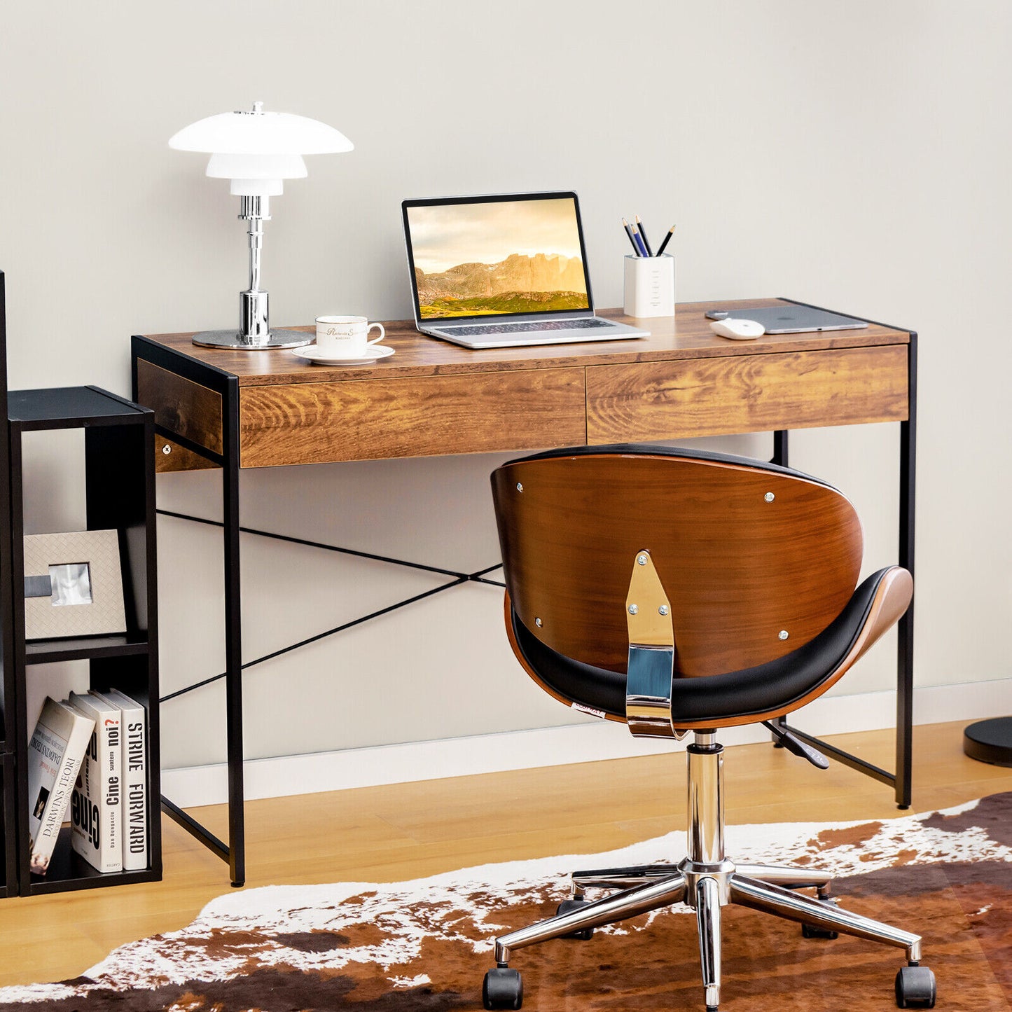 112 x 48 x 76cm Wooden Study Computer Desk with 2 Drawers-Black