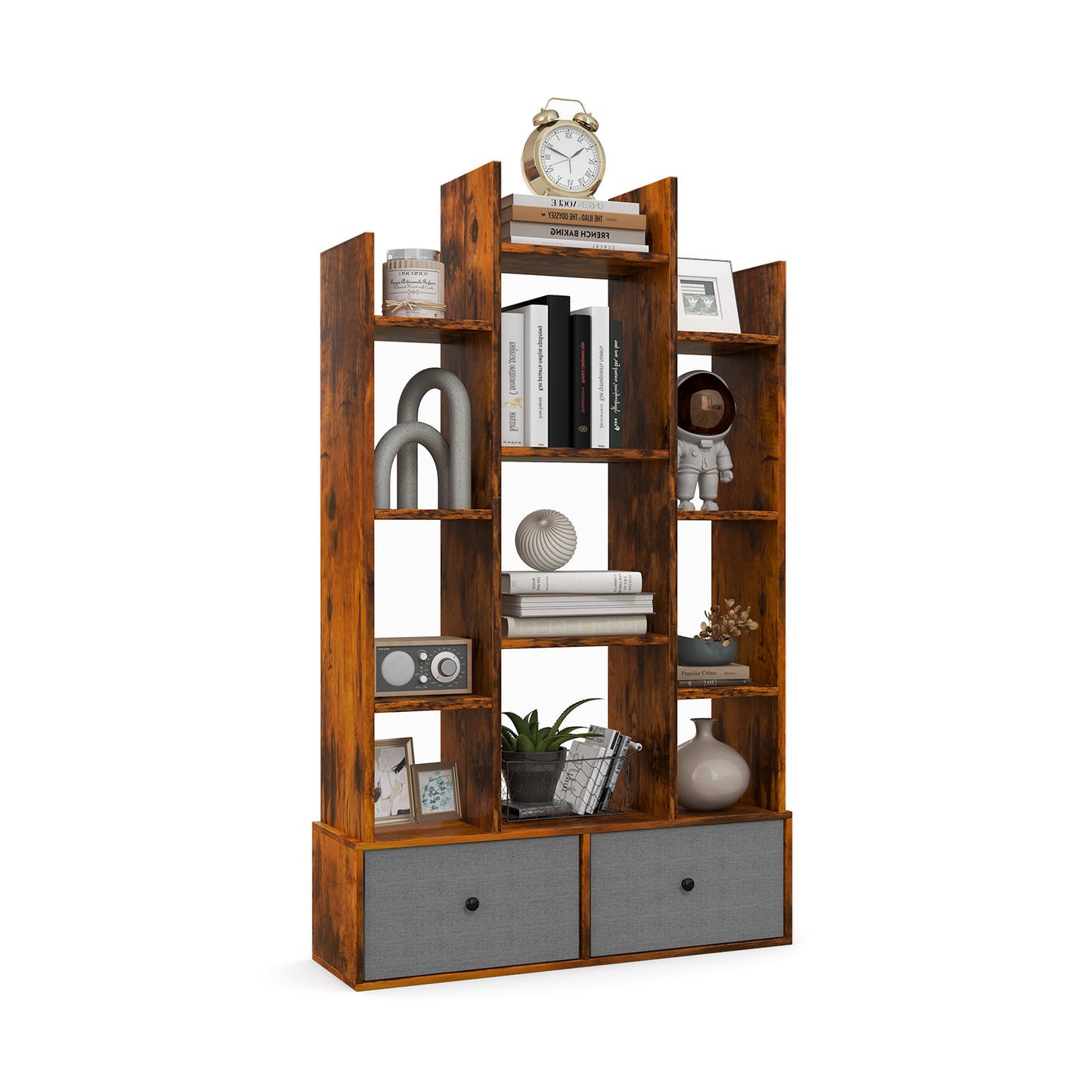 12-Tier Wooden Bookshelf with Folding Drawer for Study Living Room-White