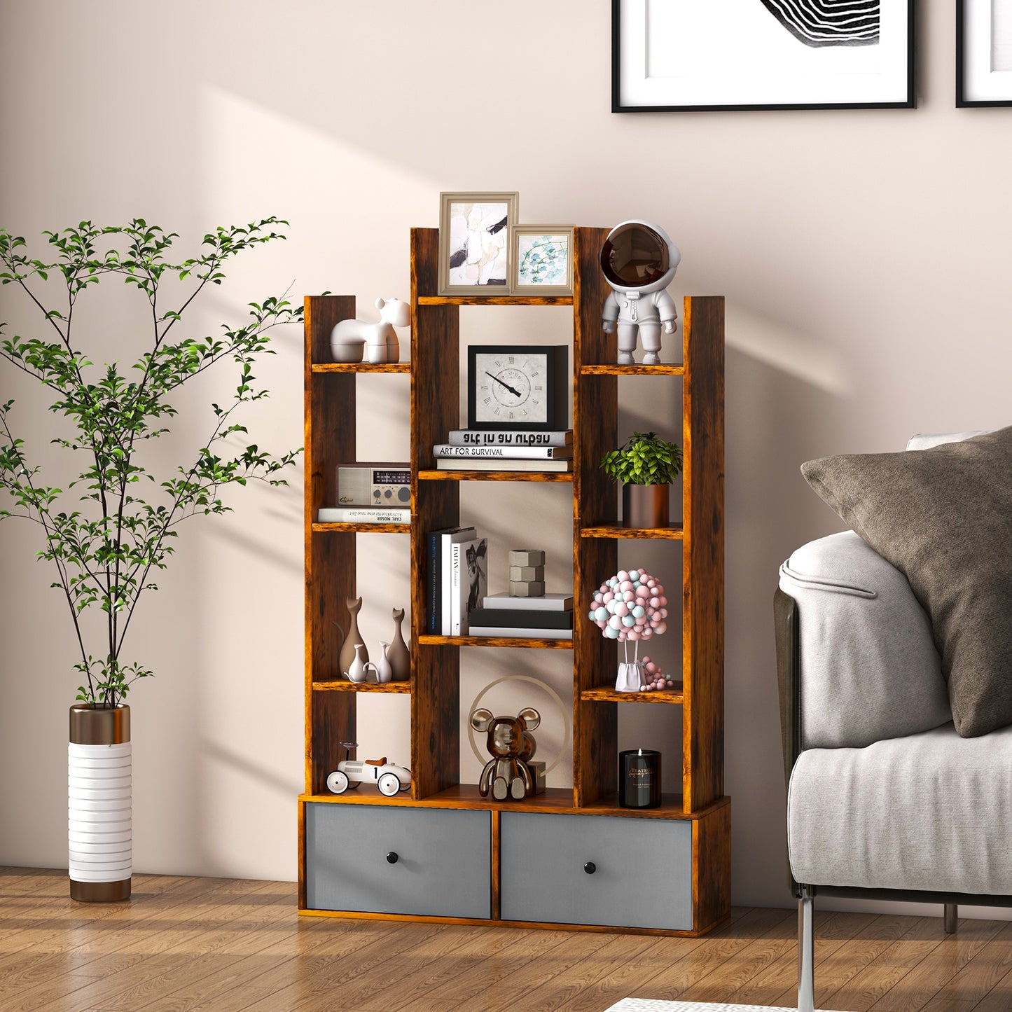 12-Tier Wooden Bookshelf with Folding Drawer for Study Living Room-White