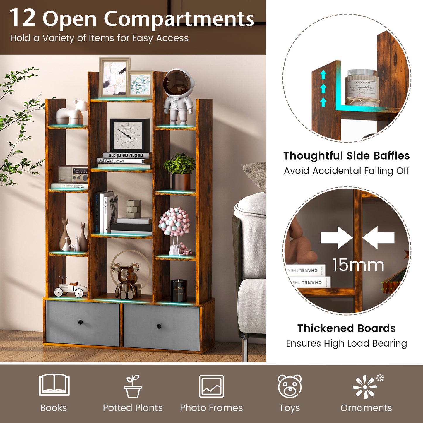 12-Tier Wooden Bookshelf with Folding Drawer for Study Living Room-White