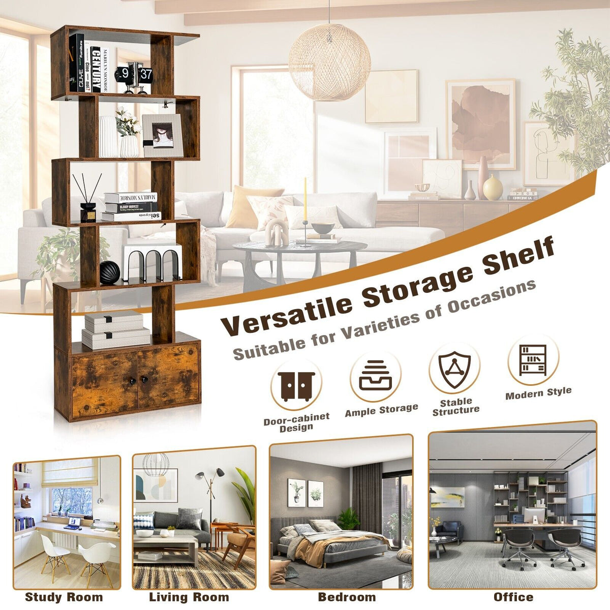 Industrial S-Shaped 5-tier Bookcase with Cabinet-Black