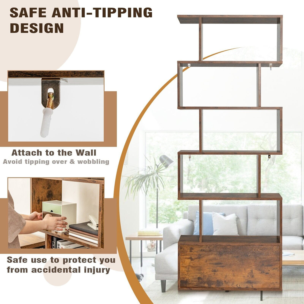 Industrial S-Shaped 5-tier Bookcase with Cabinet-Black