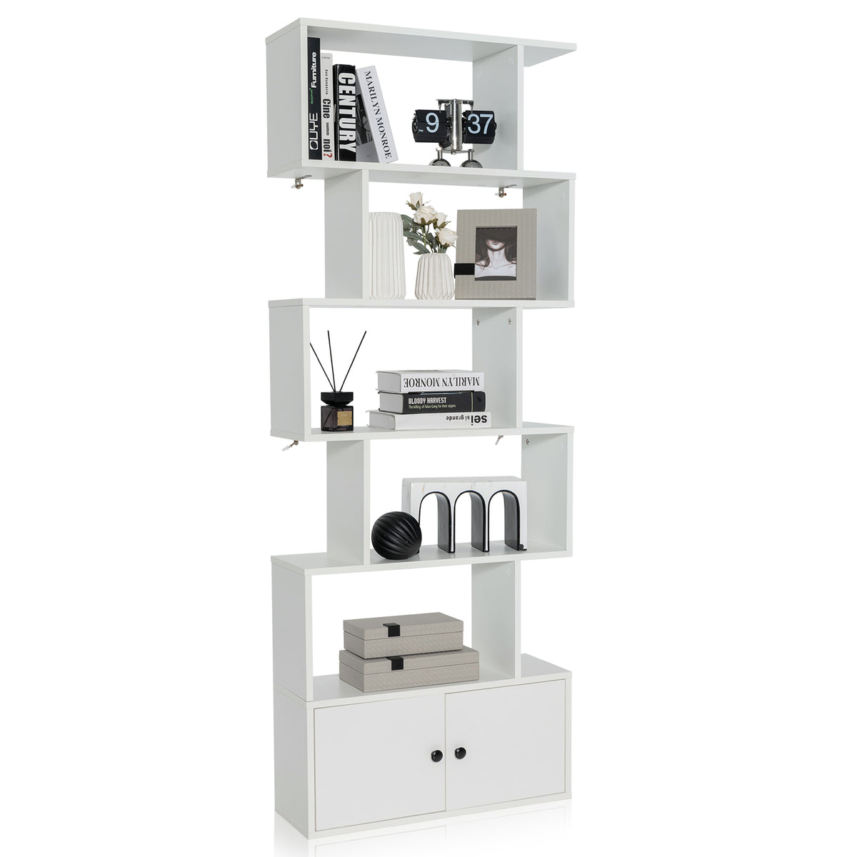 Industrial S-Shaped 5-tier Bookcase with Cabinet-Black