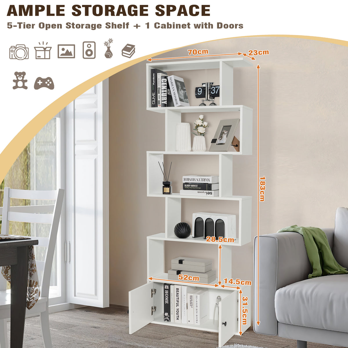 Industrial S-Shaped 5-tier Bookcase with Cabinet-Black