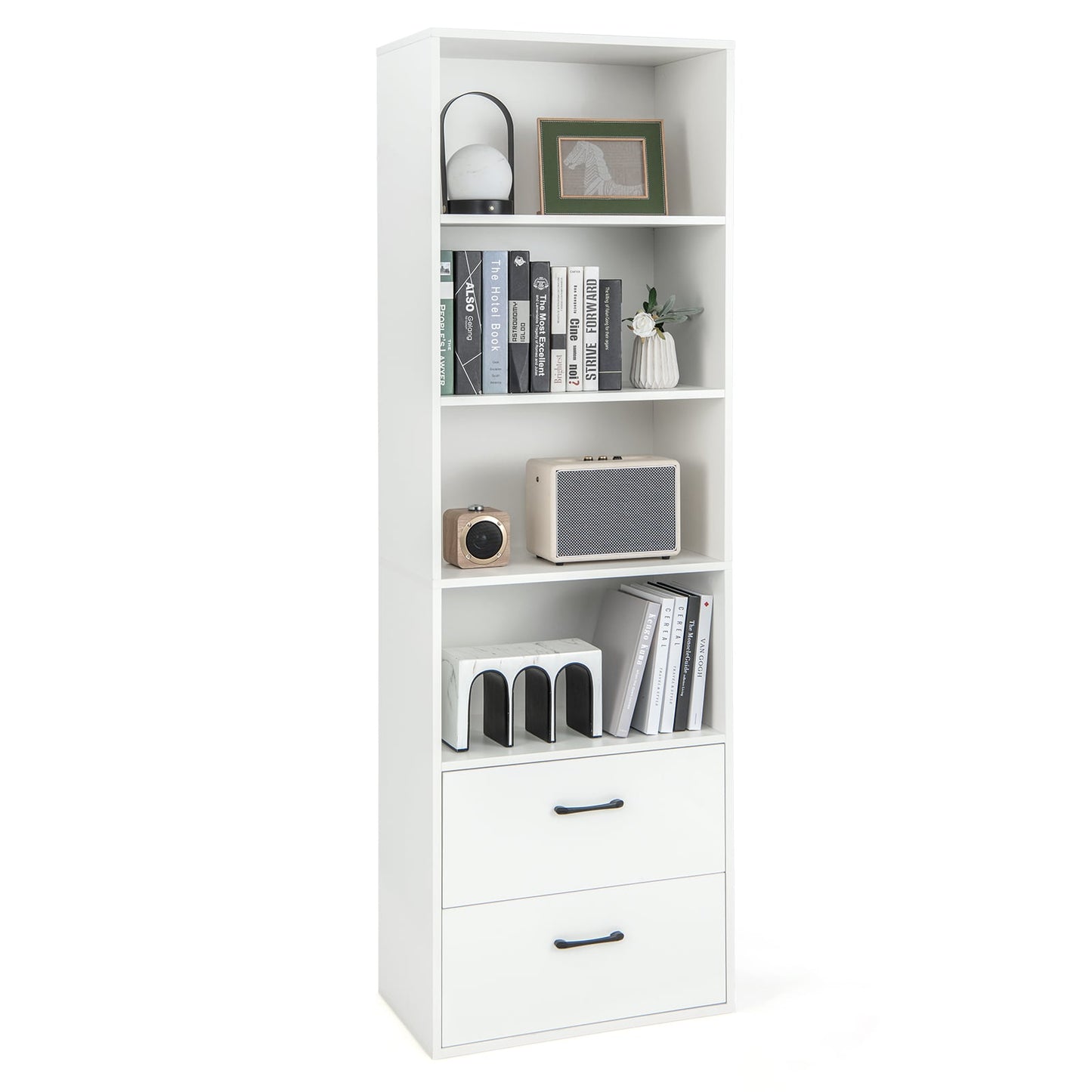 6-Tier Modern Wooden Bookshelf with 4 Open Shelves and 2 Drawers-Black
