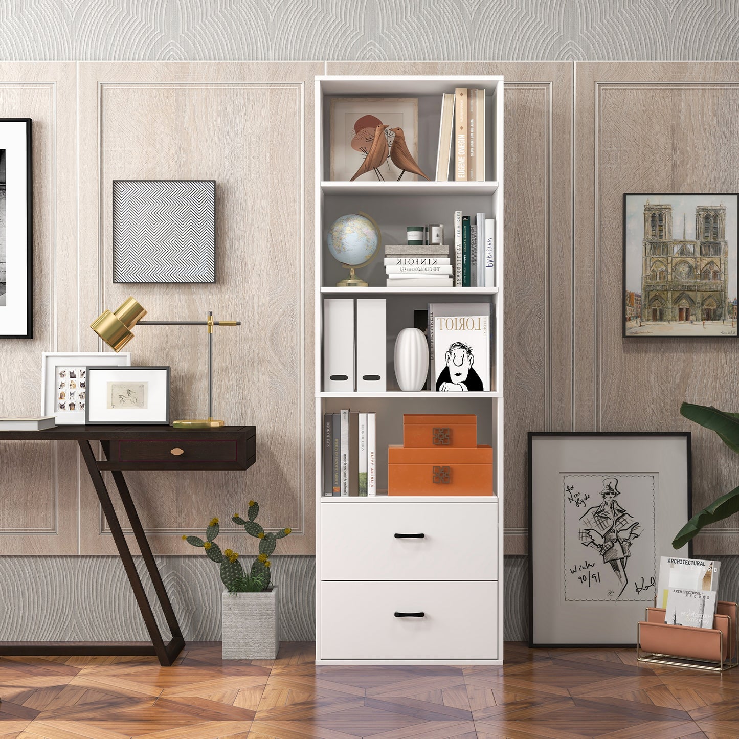 6-Tier Modern Wooden Bookshelf with 4 Open Shelves and 2 Drawers-White