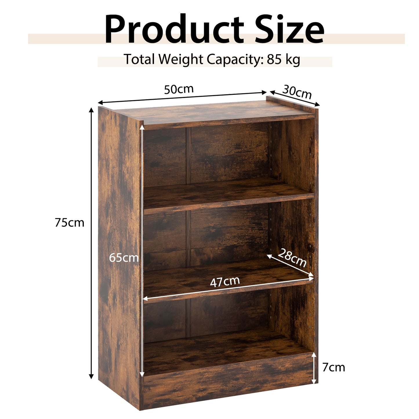 3-Tier Floor Standing Open Bookshelf with Anti-toppling Device-Rustic Brown