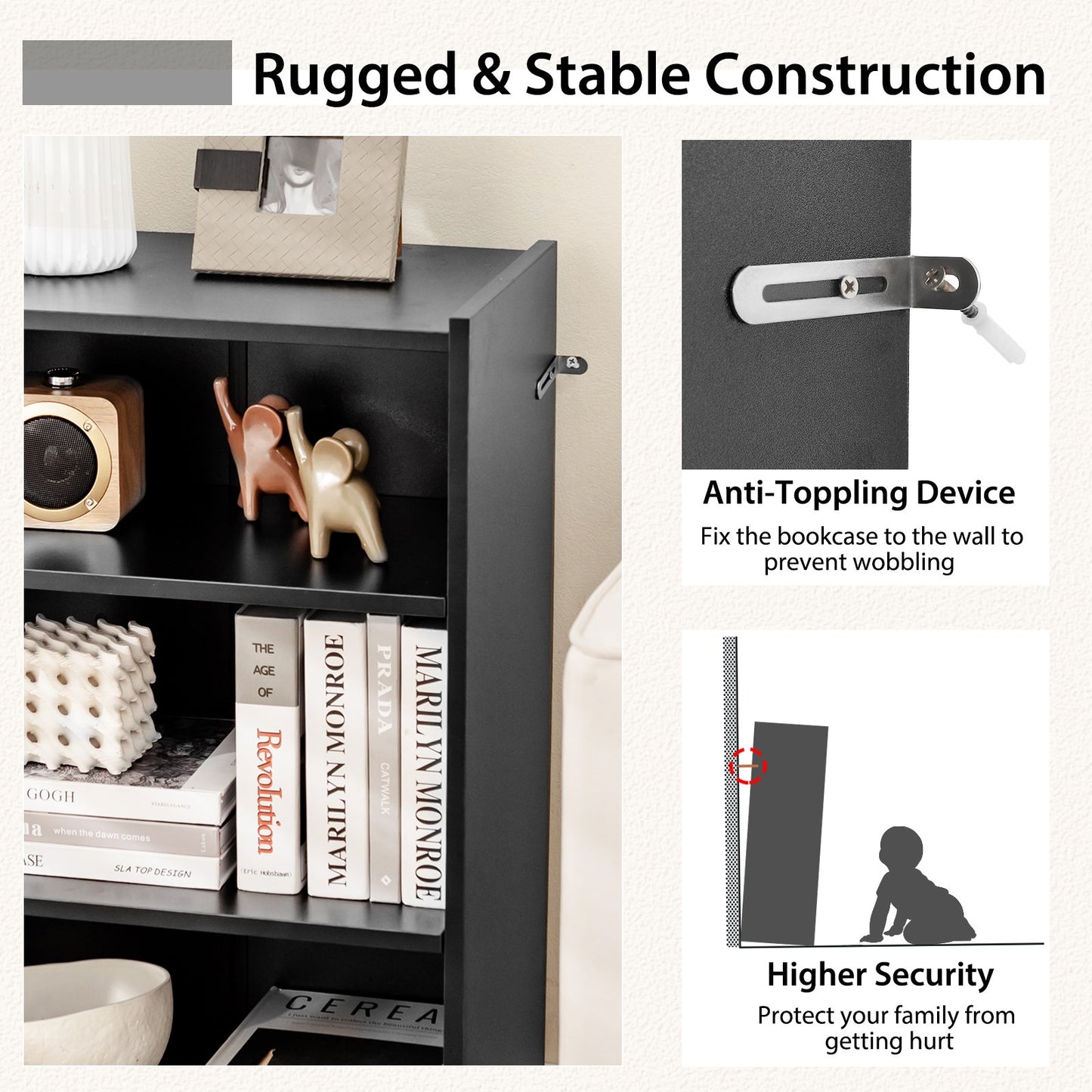 3-Tier Floor Standing Open Bookshelf with Anti-toppling Device-Rustic Brown